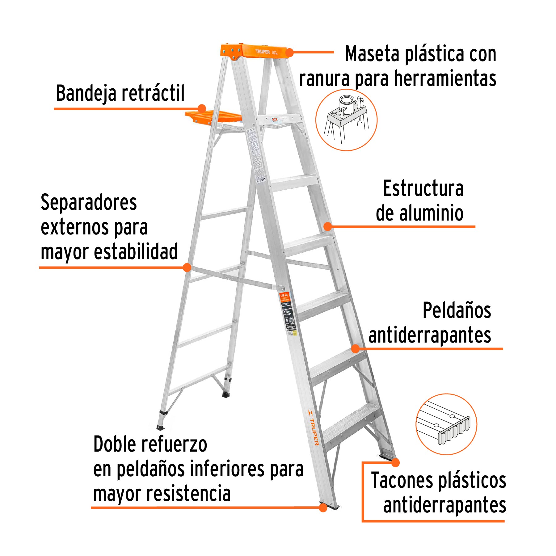 Escalera de tijera tipo II, 6 escalones, con bandeja