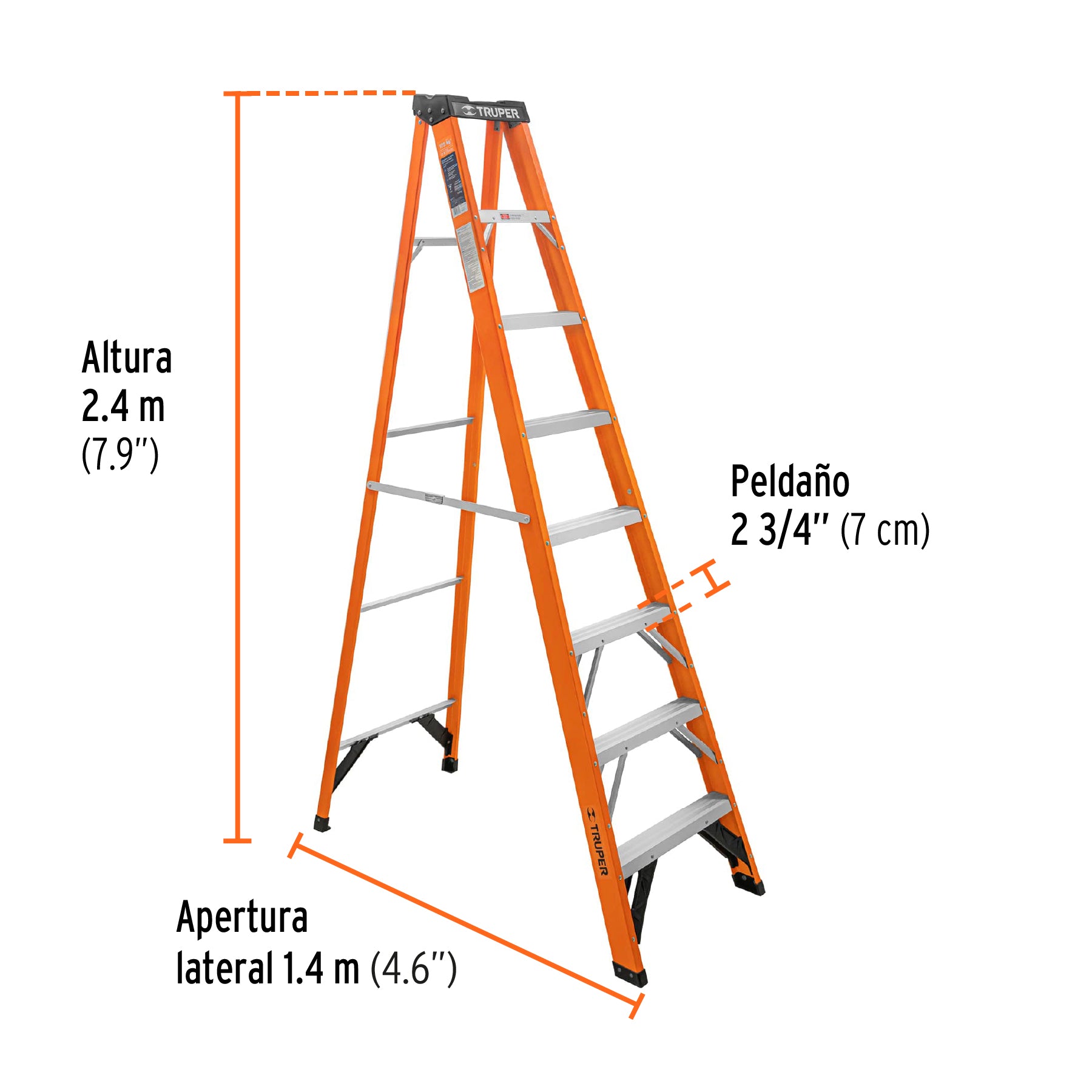 Escalera de tijera, tipo ll, 7 peldaños, fibra de vidrio