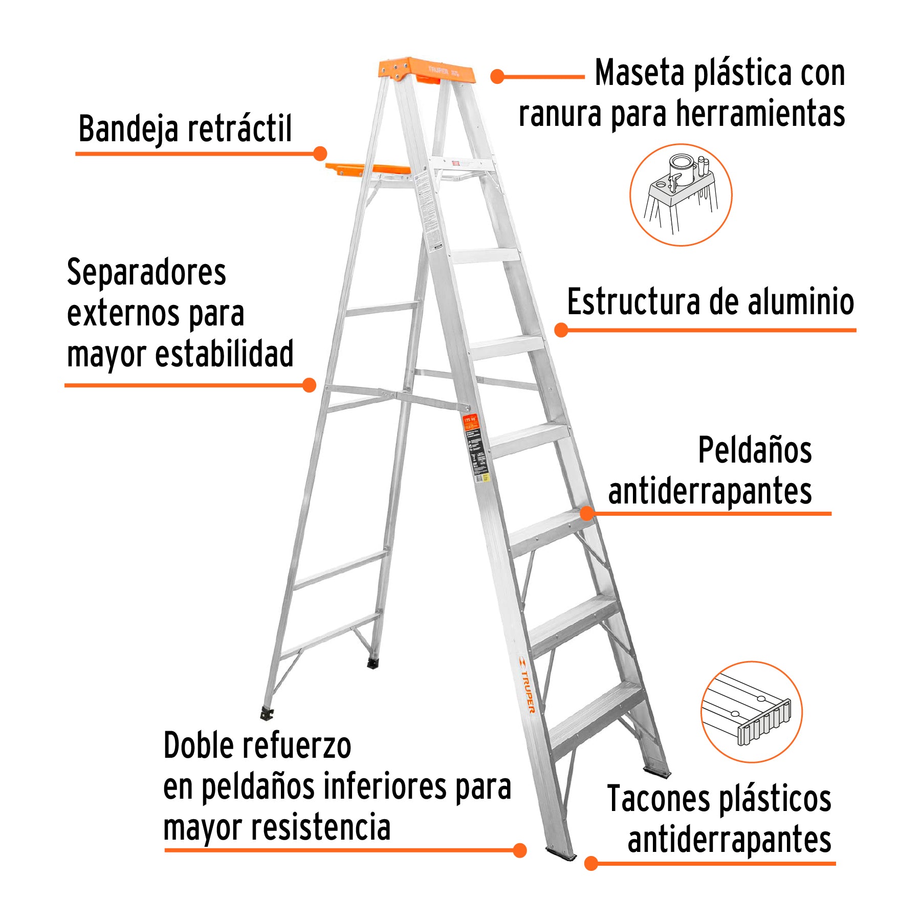 Escalera de tijera, tipo ll, 7 escalones y bandeja