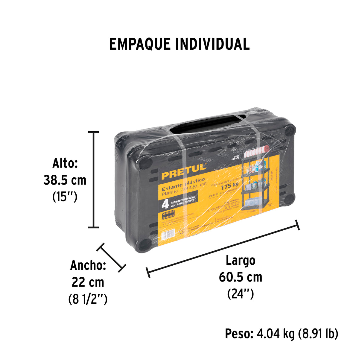 Estante plástico 4 repisas cap. 45 Kg, 125x38x61, PRETUL