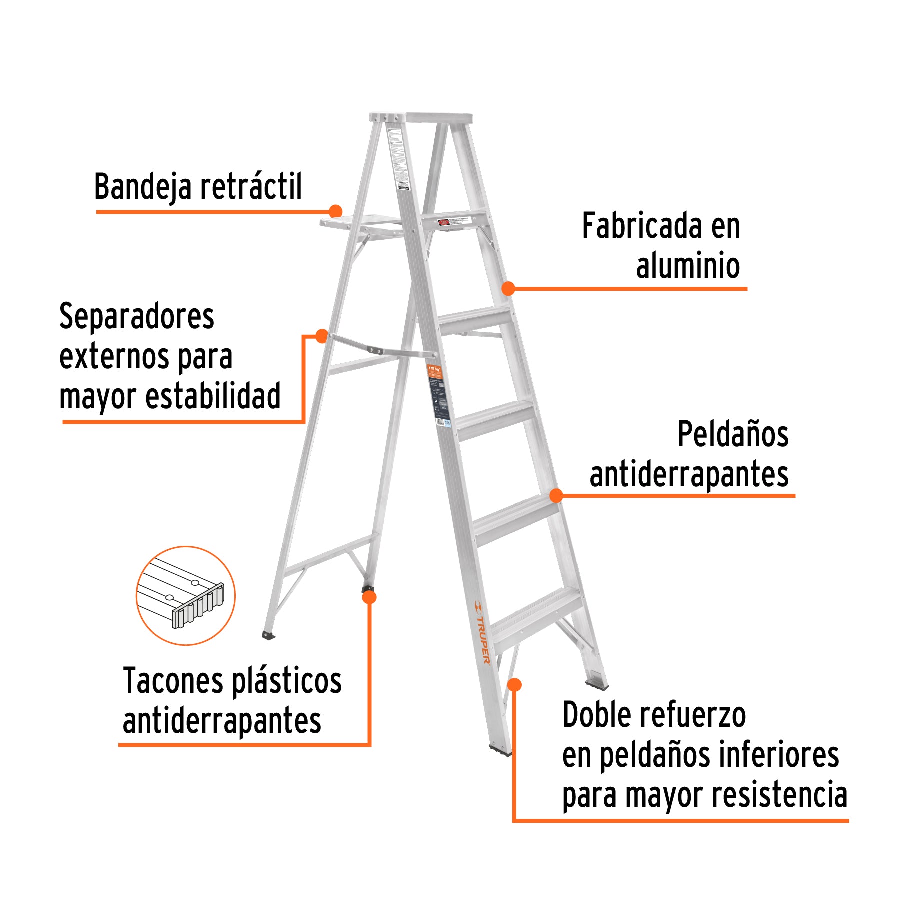 Escalera de tijera, aluminio, tipo ll, 5 escalones