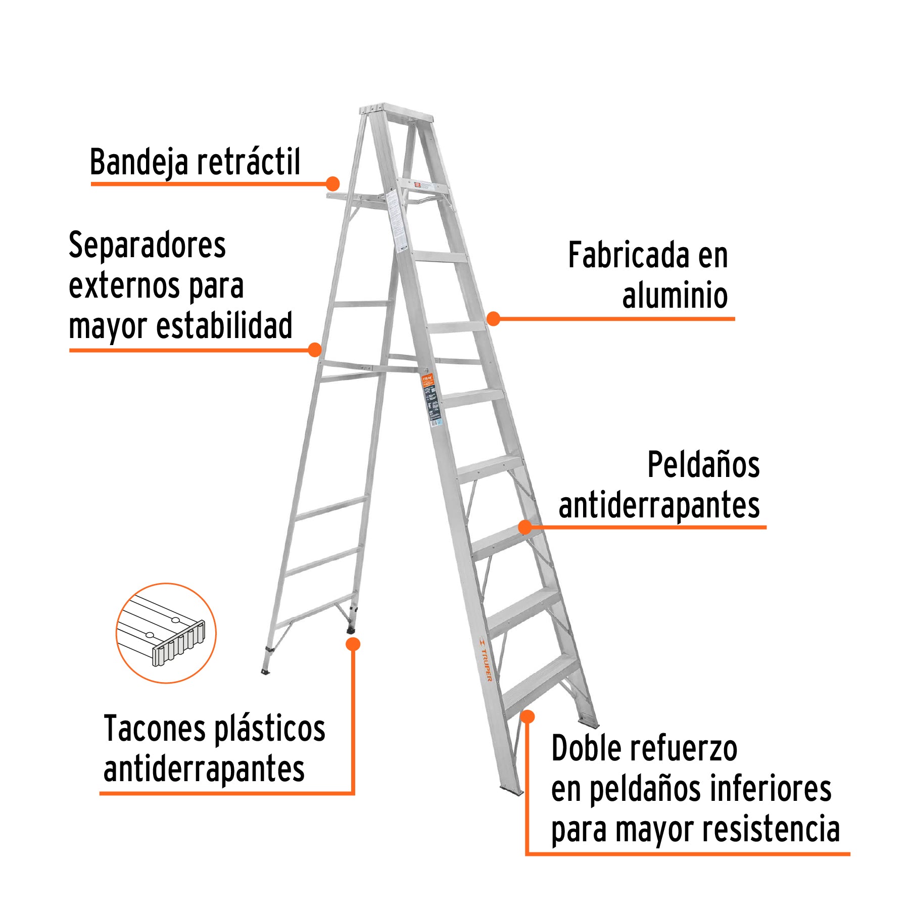 Escalera de tijera, aluminio, tipo ll, 8 escalones