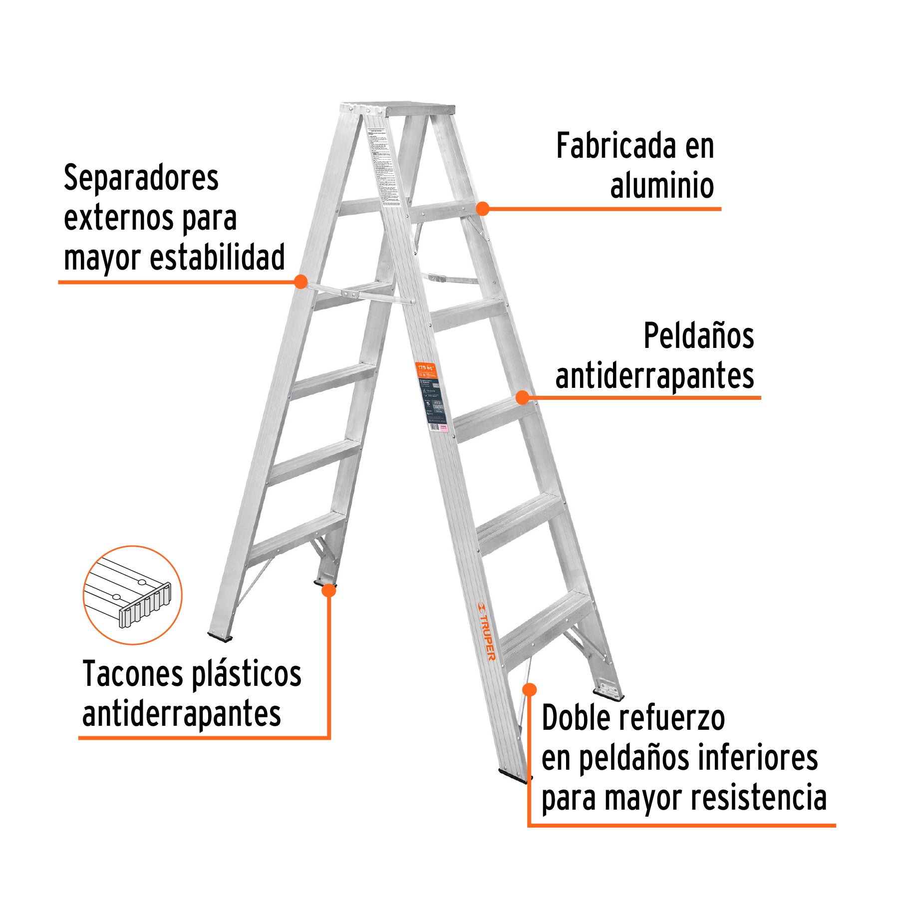 Escalera de tijera doble, tipo ll, 5 escalones