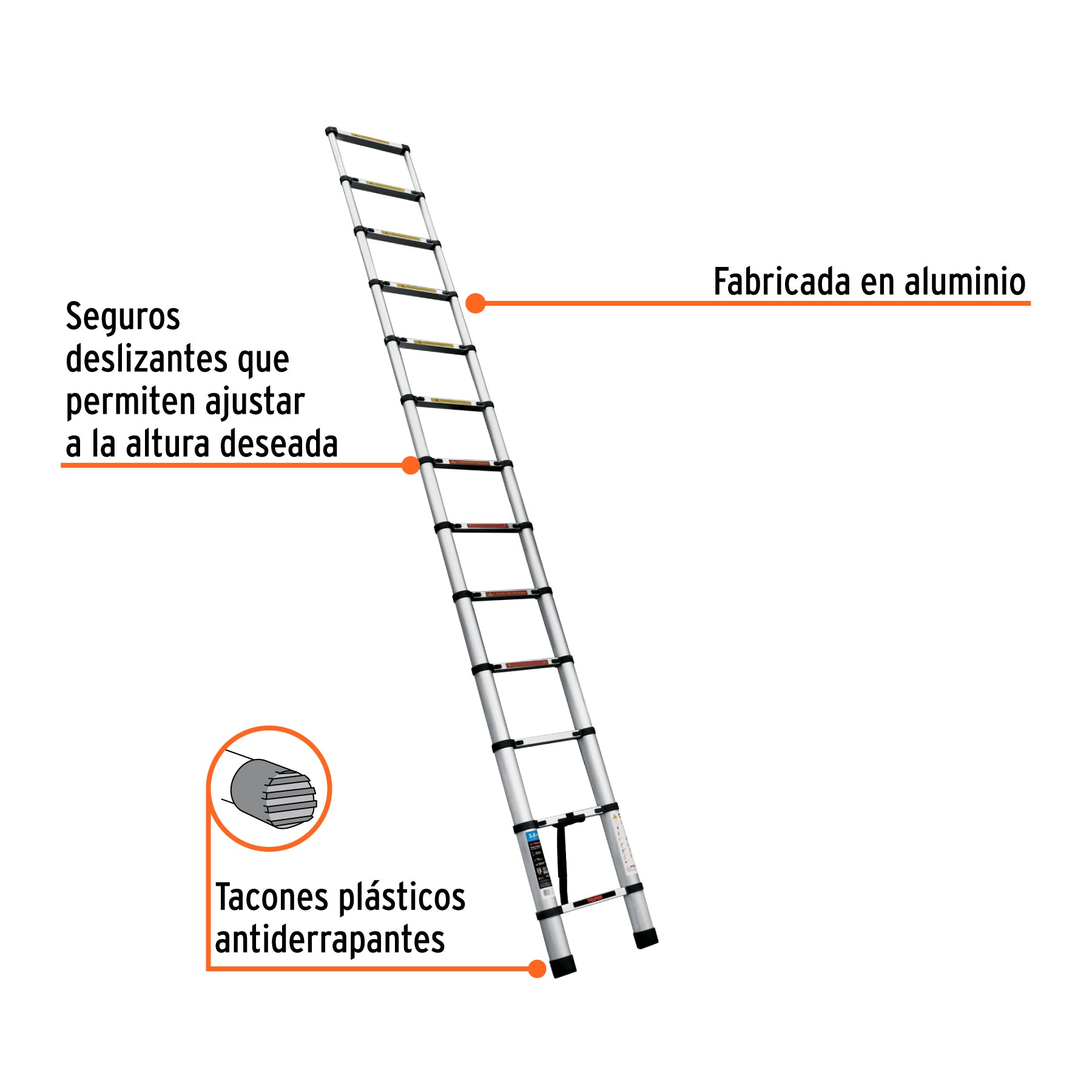 Escalera telescópica,13 peldaños, tipo II, capacidad 175kg