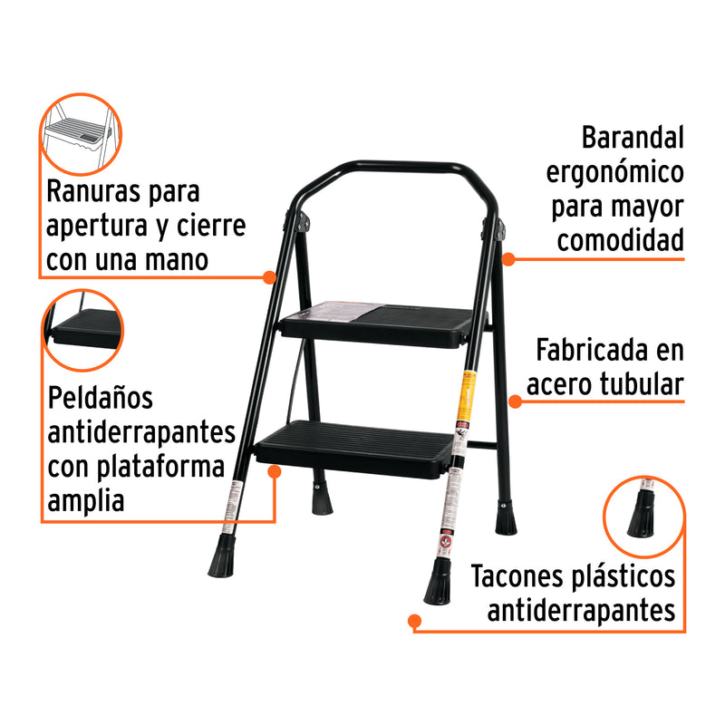 Escalera tubular, plegable, 2 peldaños, Truper