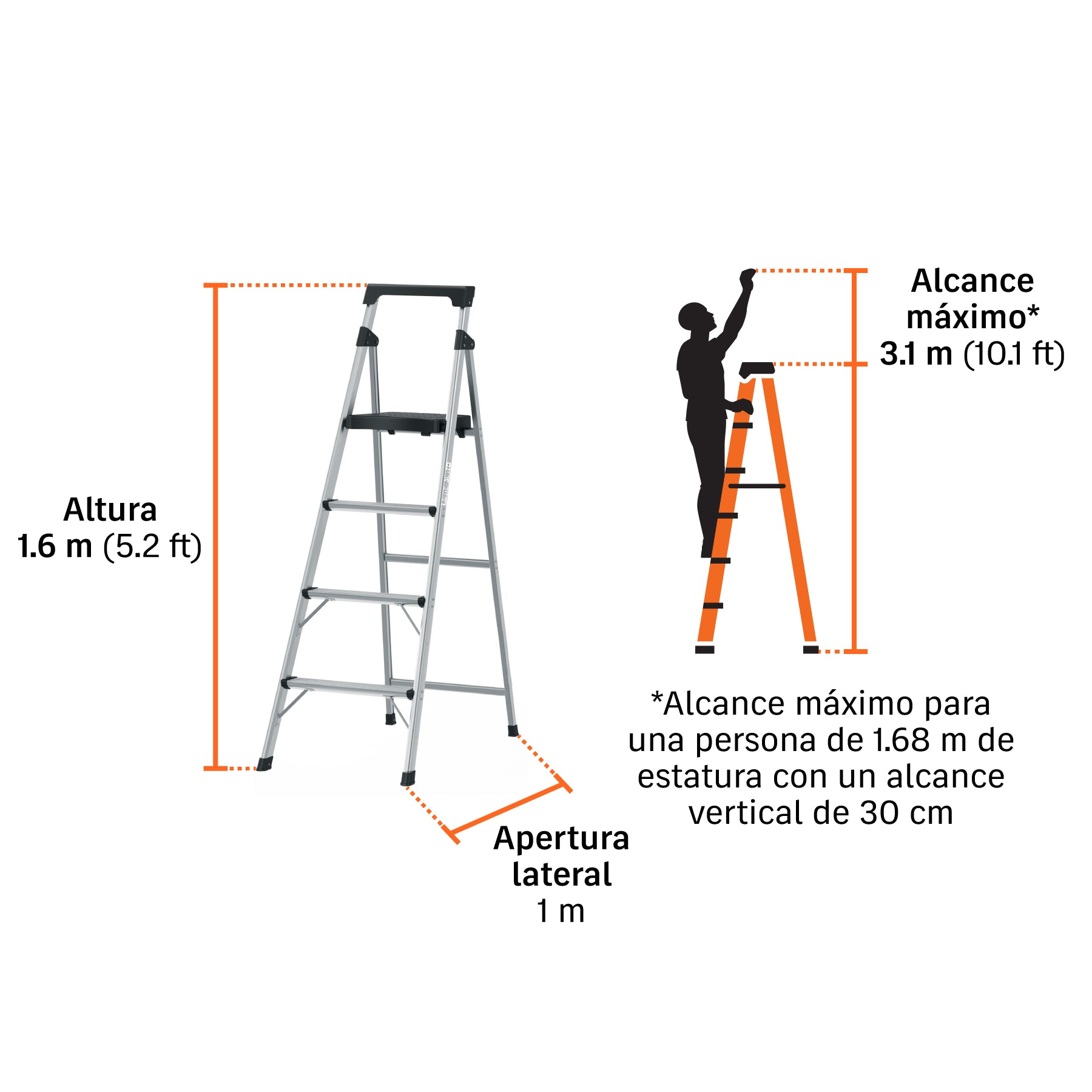 Escalera tubular, plegable, 4 peldaños, aluminio