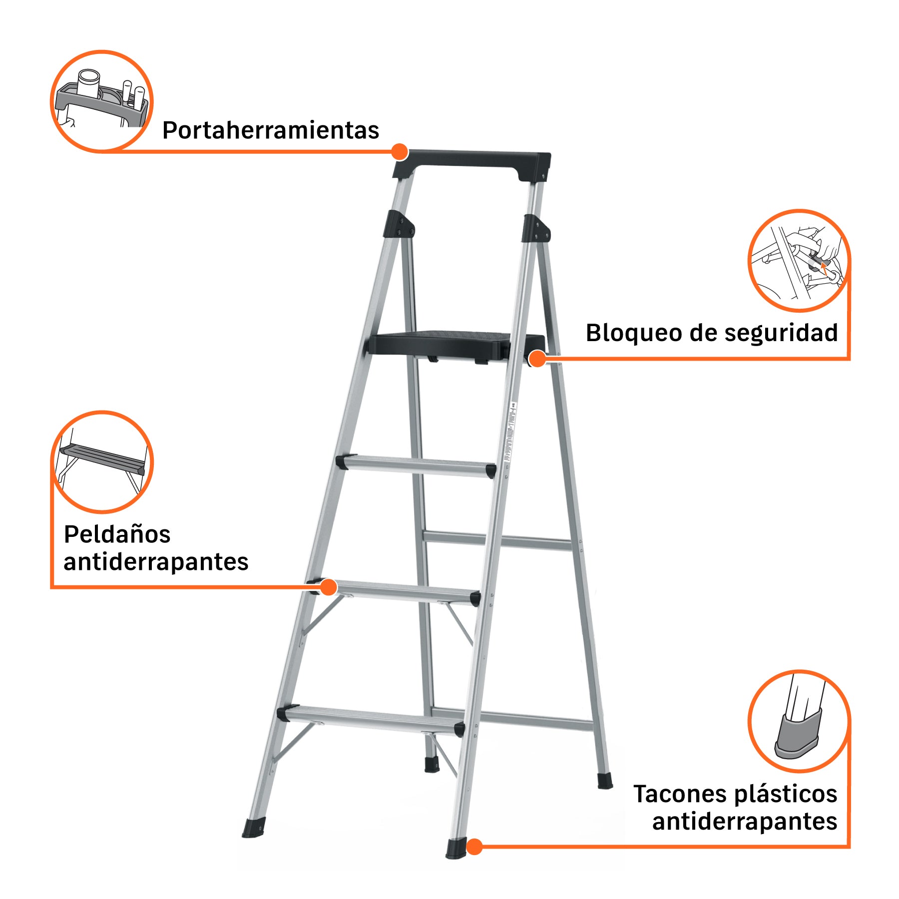 Escalera tubular, plegable, 4 peldaños, aluminio