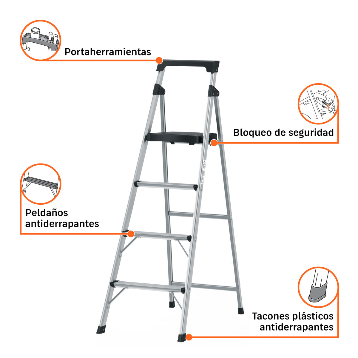 Escalera tubular, plegable, 4 peldaños, aluminio