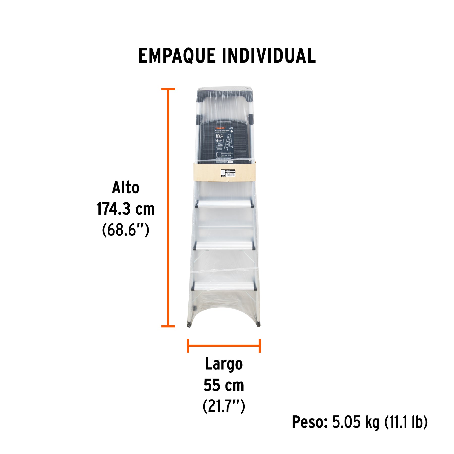 Escalera tubular, plegable, 4 peldaños, aluminio