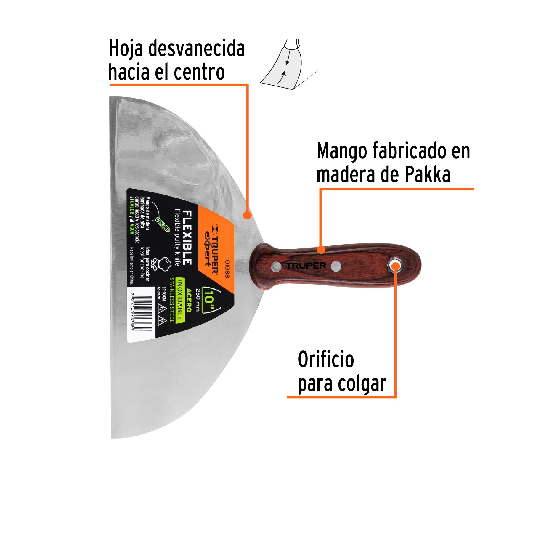 Espátula 10', acero inoxidable, mango madera, Truper Expert
