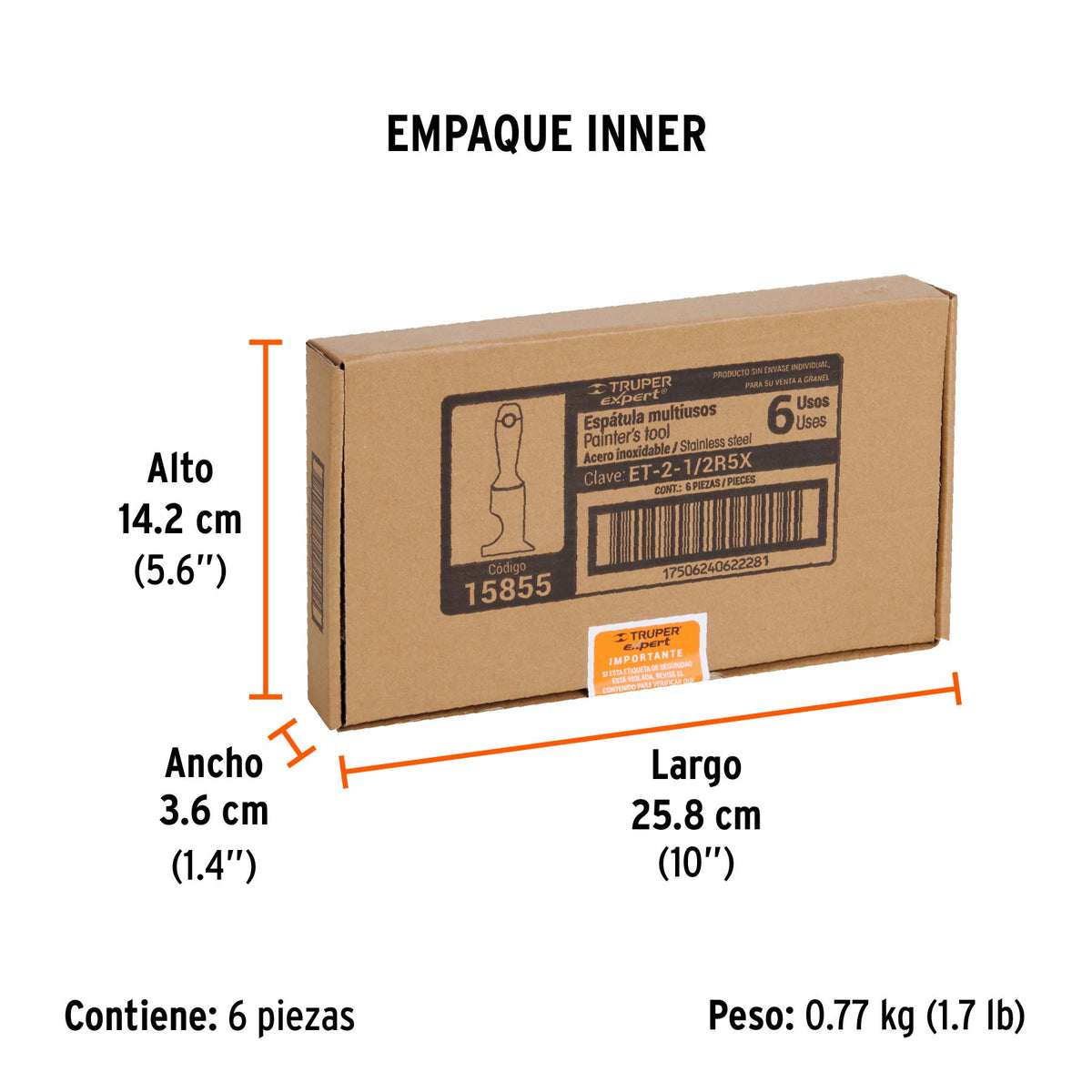 Espátula 2-1/2", rígida de 5 usos, acero inoxidable