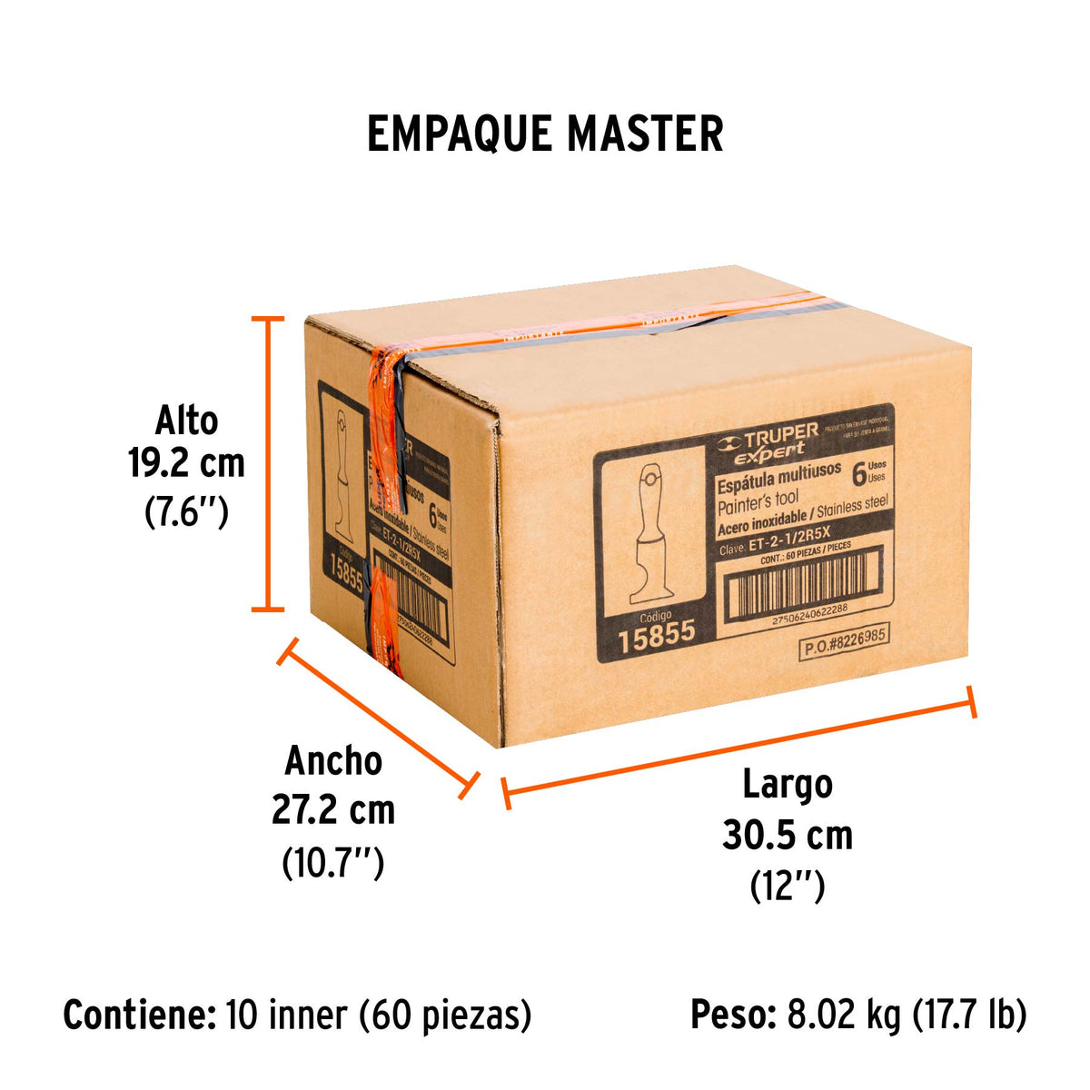 Espátula 2-1/2", rígida de 5 usos, acero inoxidable