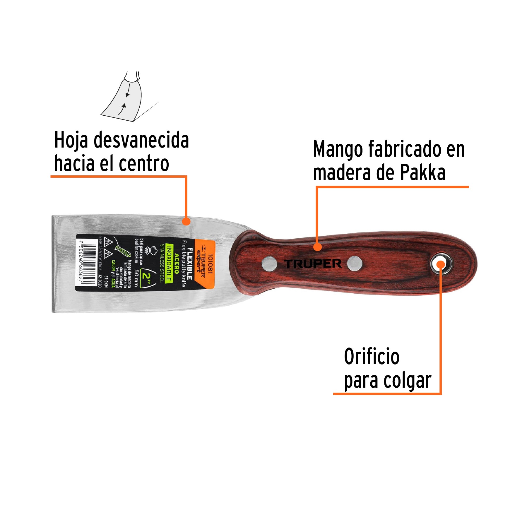 Espátula 2', acero inoxidable, mango madera, Truper Expert