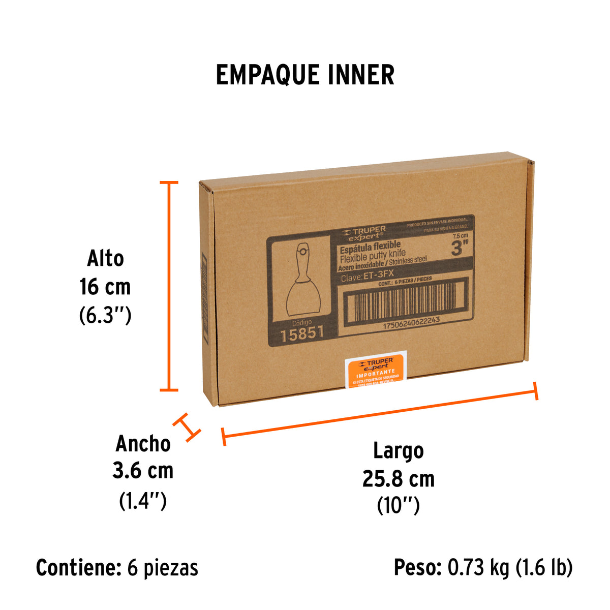 Espátula flexible 3", acero inoxidable, mango comfort grip