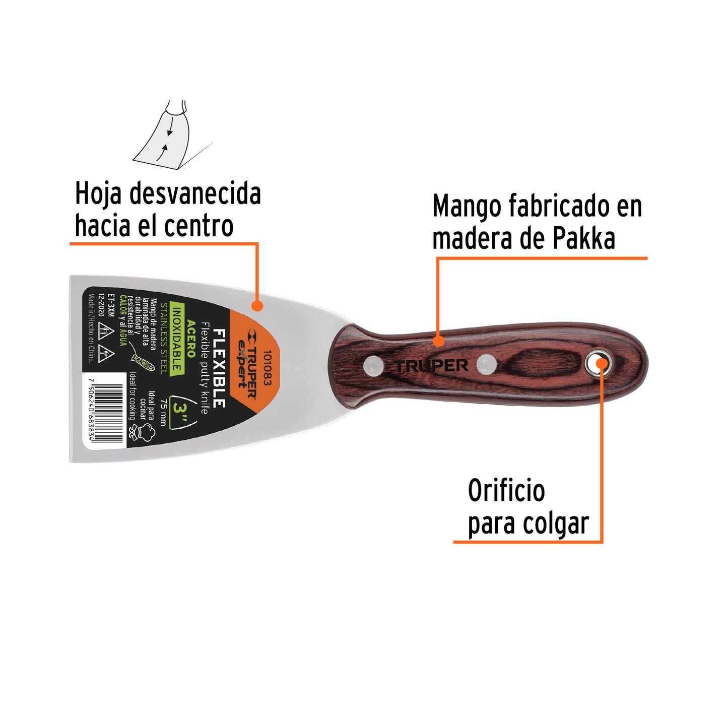 Espátula 3', acero inoxidable, mango madera, Truper Expert