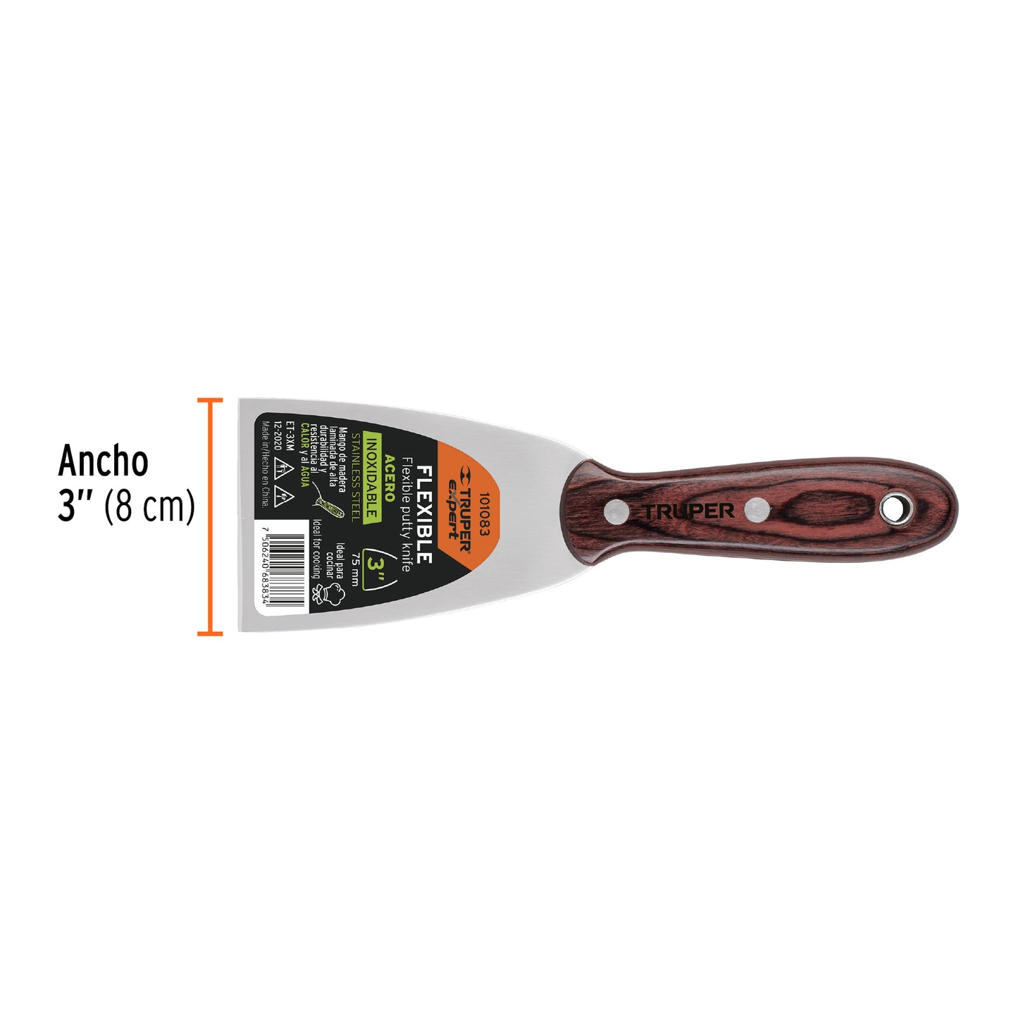 Espátula 3', acero inoxidable, mango madera, Truper Expert