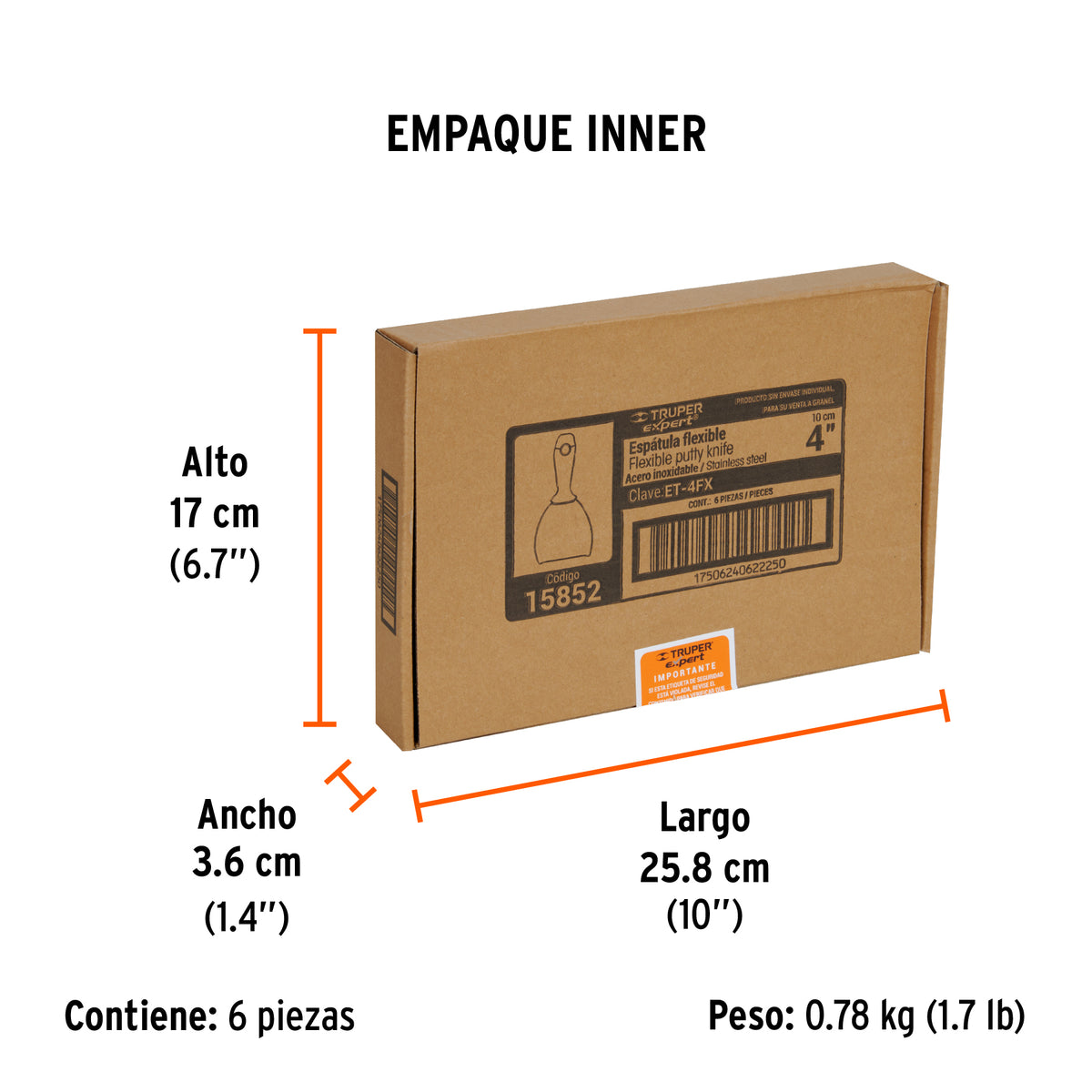 Espátula flexible 4", acero inoxidable, mango comfort grip