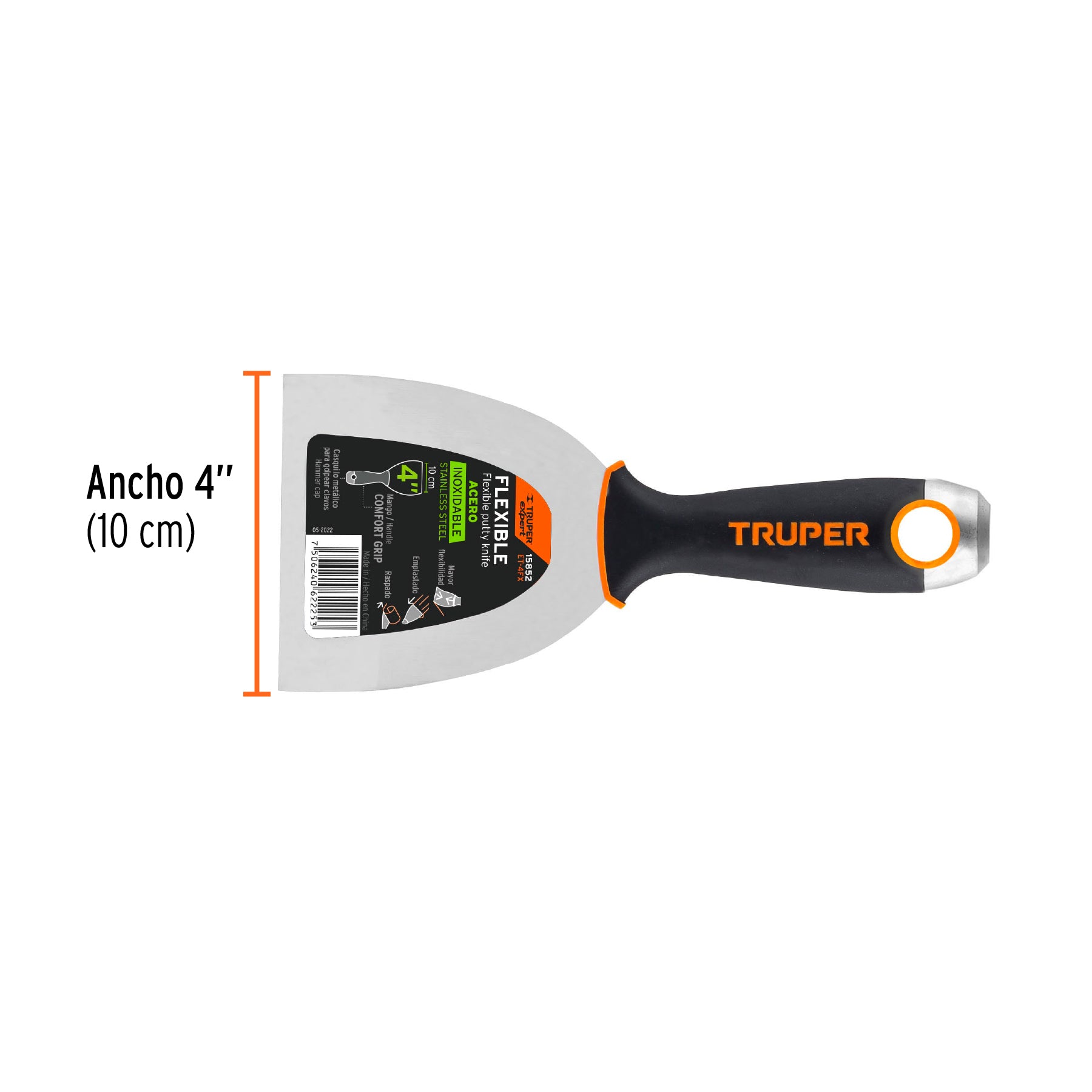 Espátula flexible 4", acero inoxidable, mango comfort grip