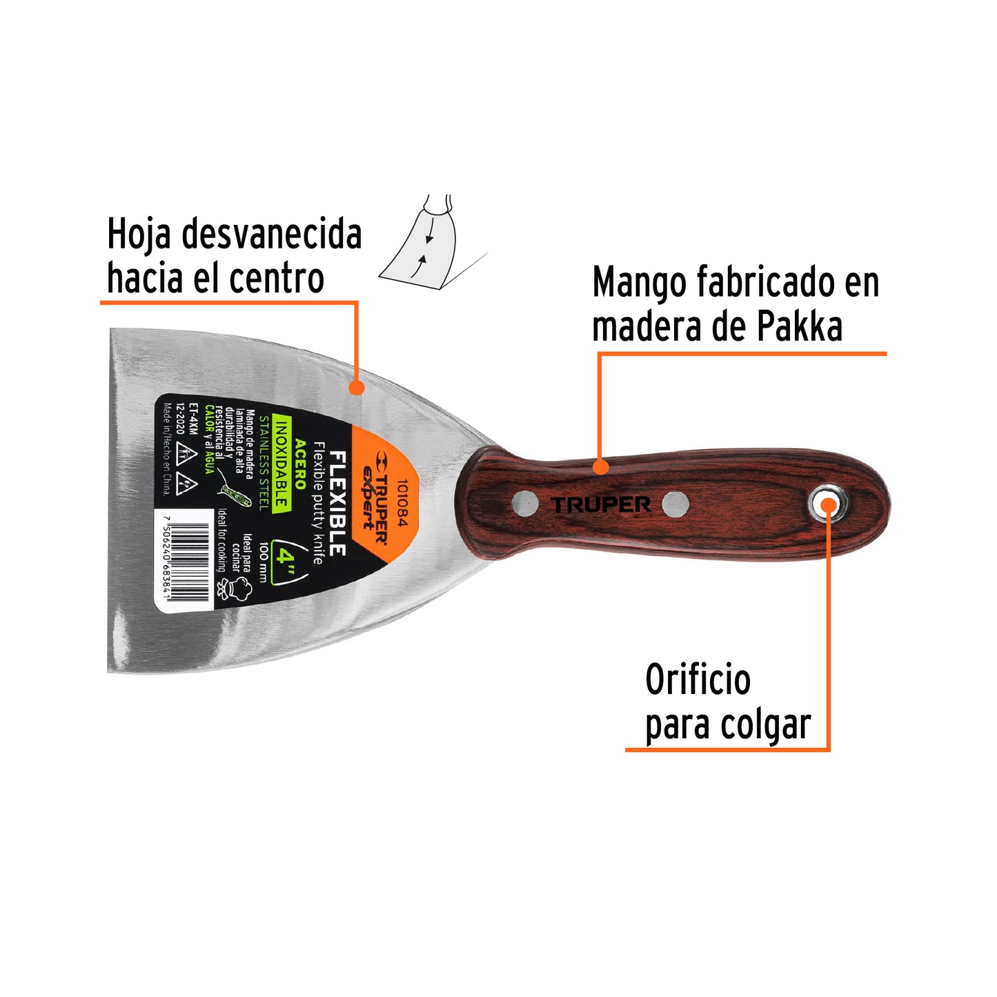 Espátula 4', acero inoxidable, mango madera, Truper Expert