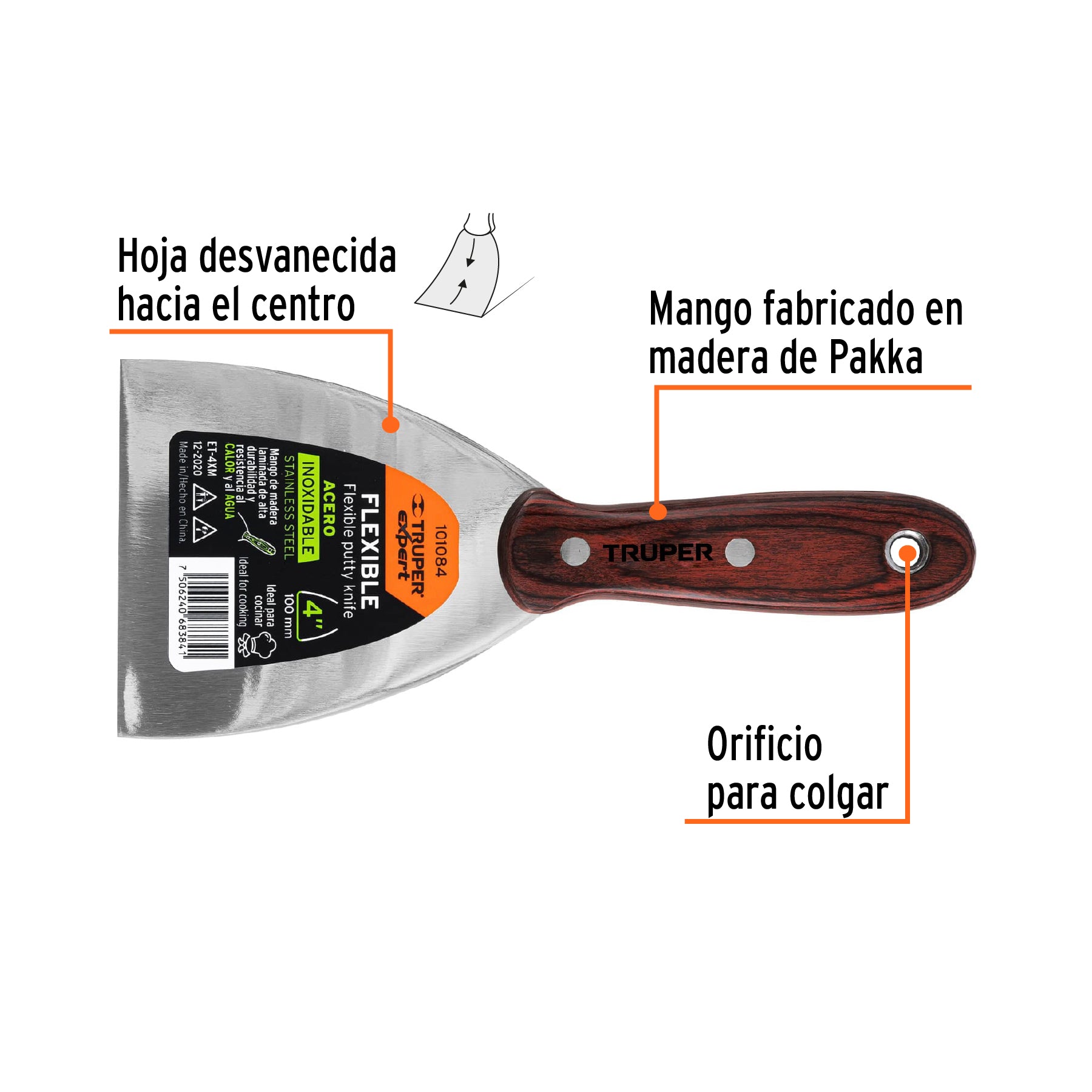 Espátula 4', acero inoxidable, mango madera, Truper Expert