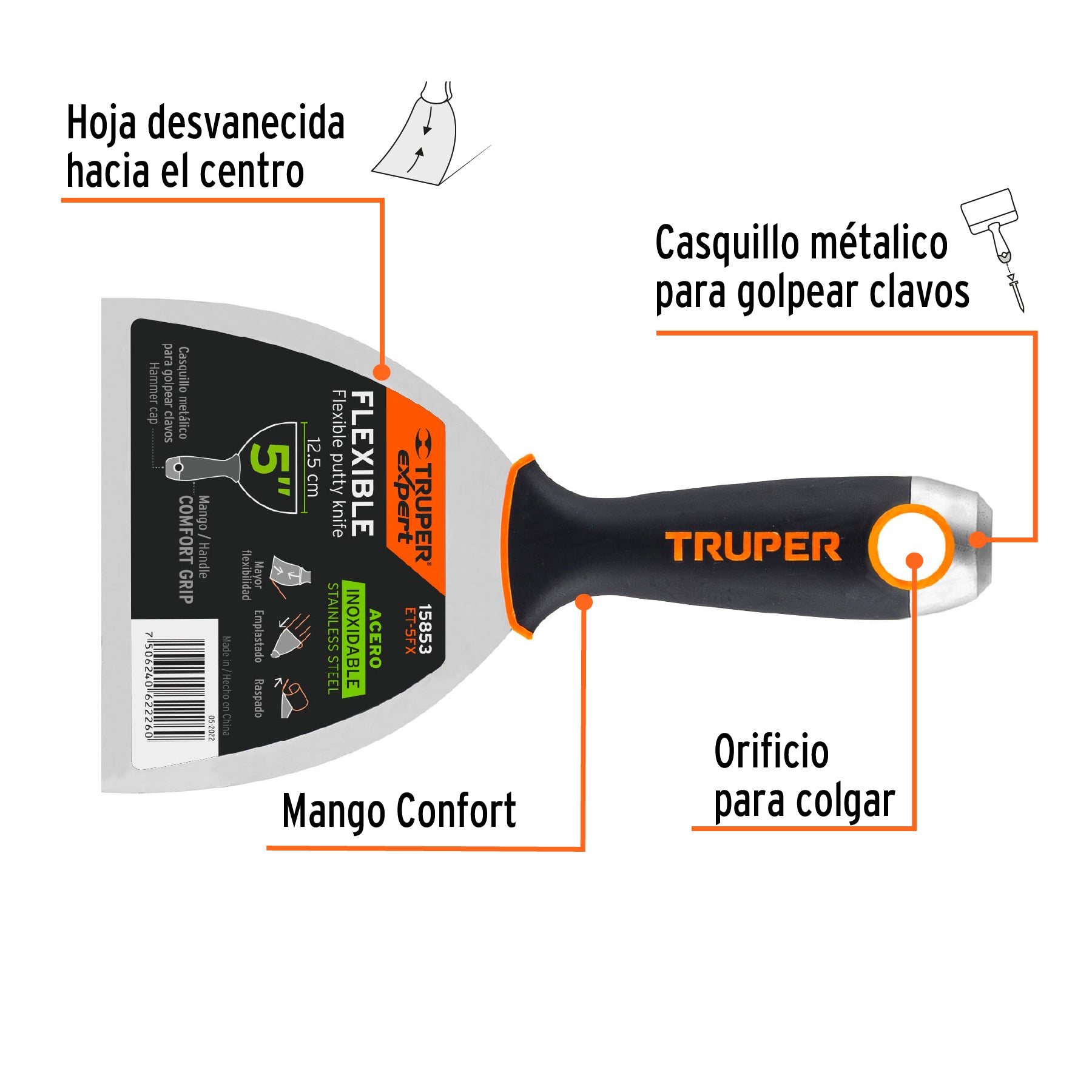 Espátula flexible 5", acero inoxidable, mango comfort grip