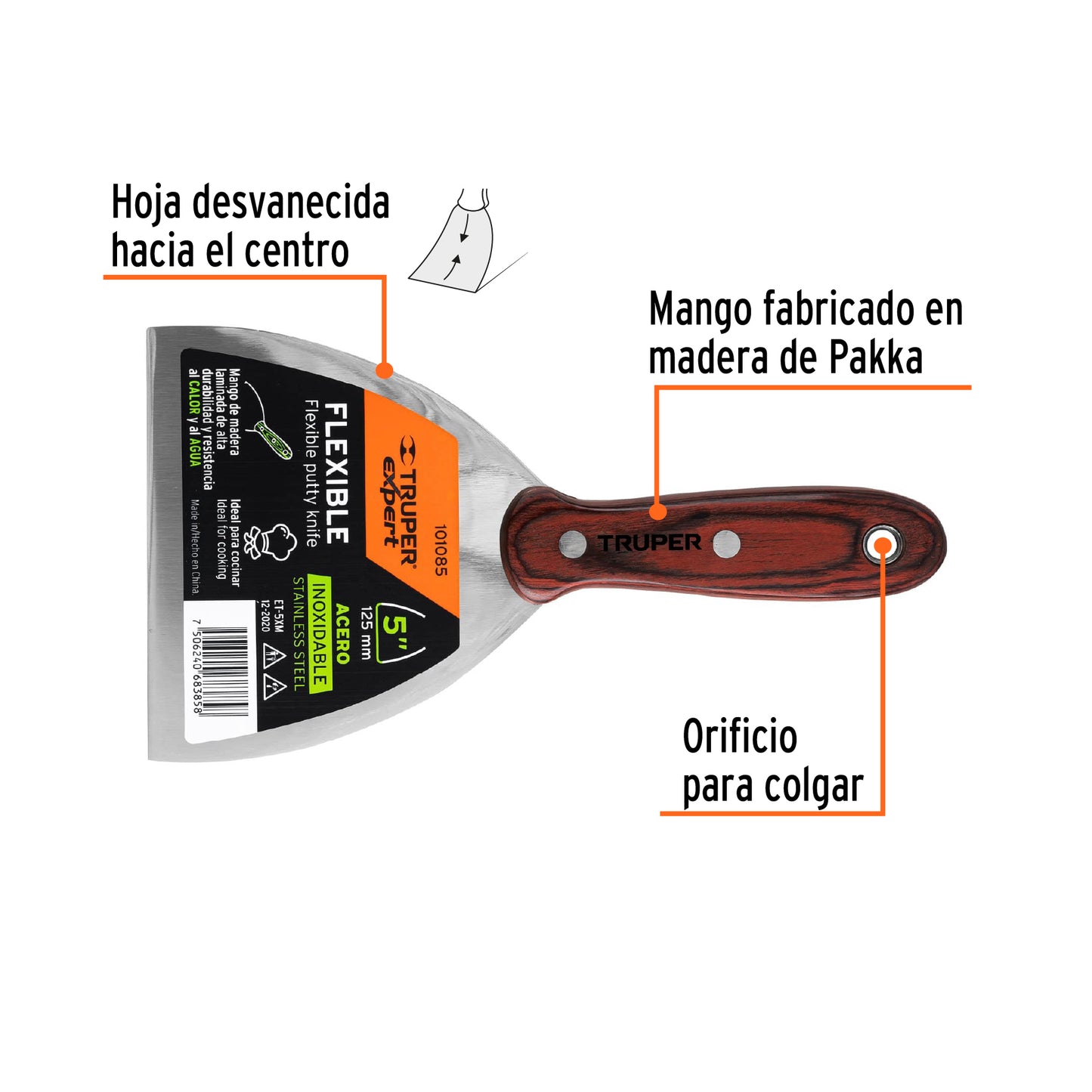 Espátula 5', acero inoxidable, mango madera, Truper Expert