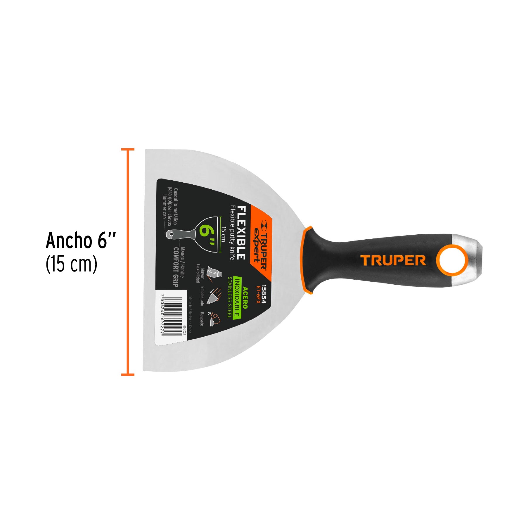 Espátula flexible 6", acero inoxidable, mango comfort grip