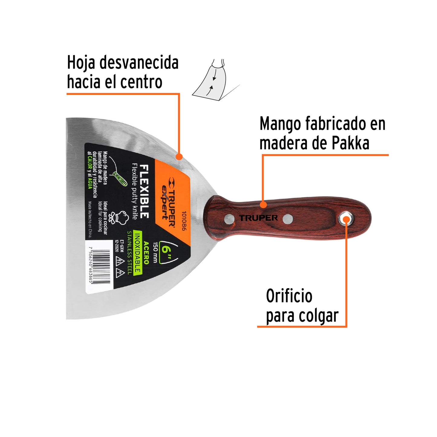 Espátula 6', acero inoxidable, mango madera, Truper Expert