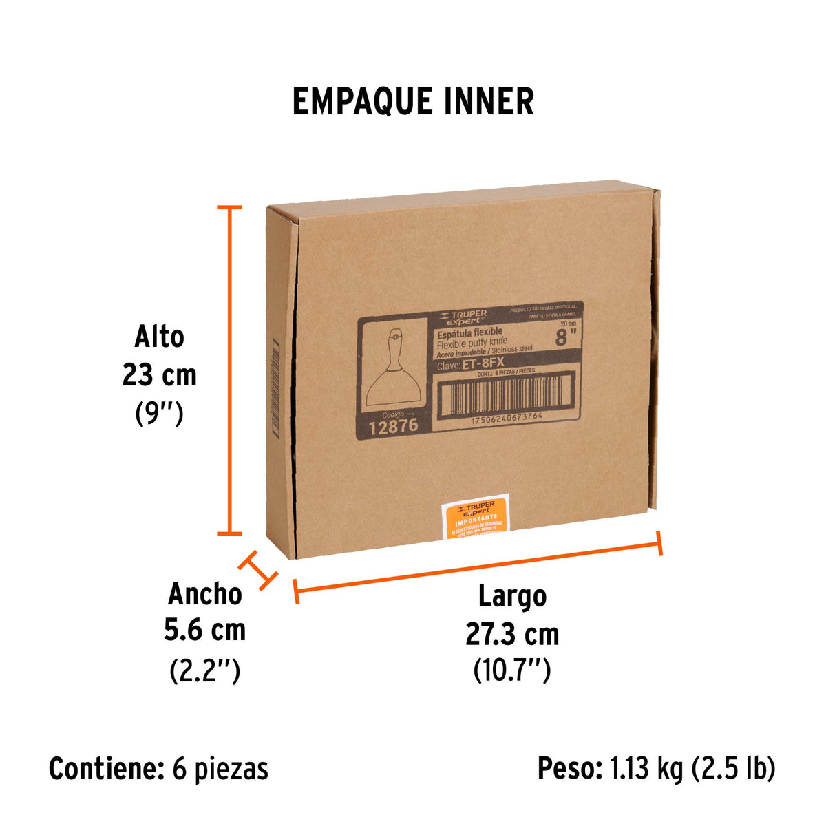 Espátula flexible 8", acero inoxidable, mango comfort grip