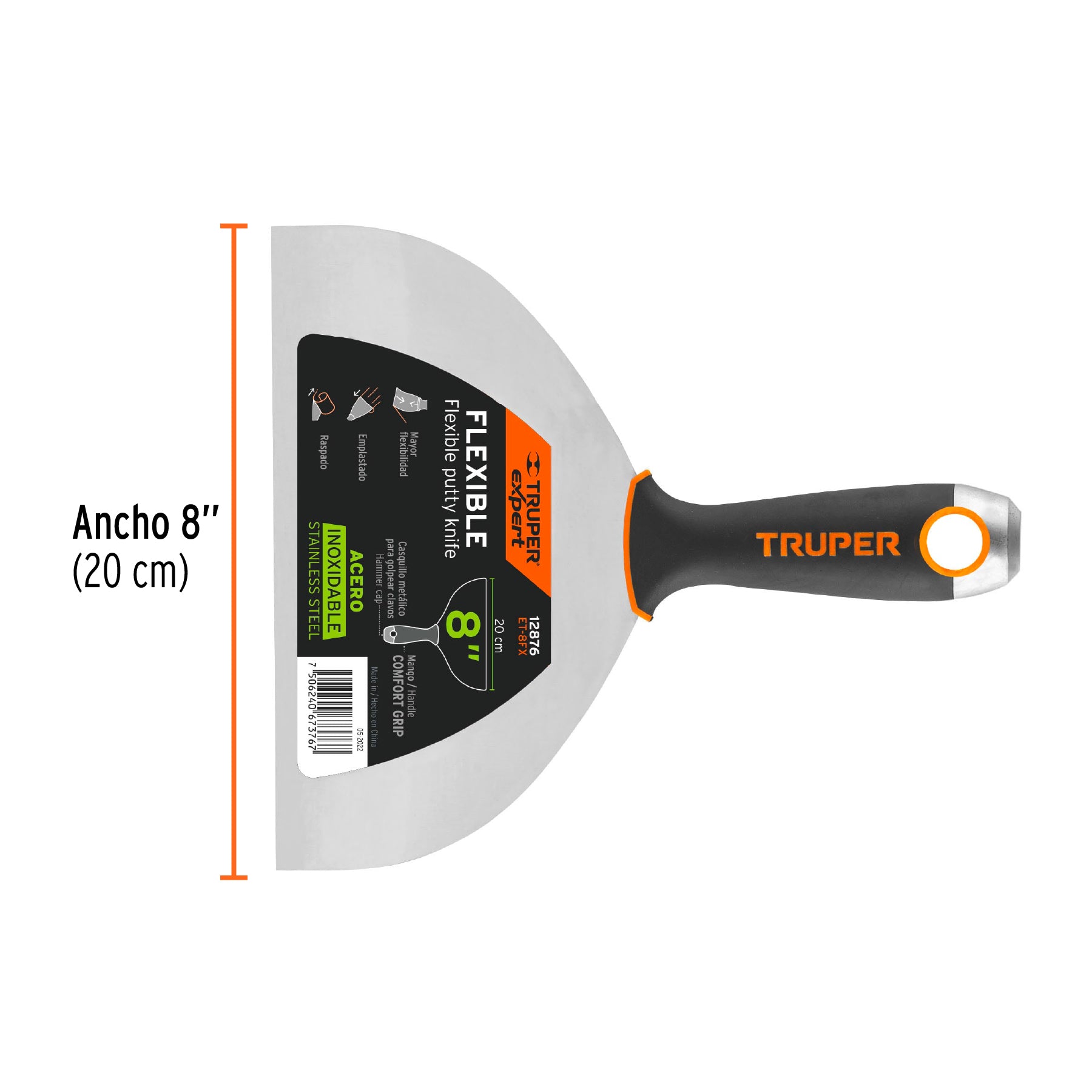 Espátula flexible 8", acero inoxidable, mango comfort grip