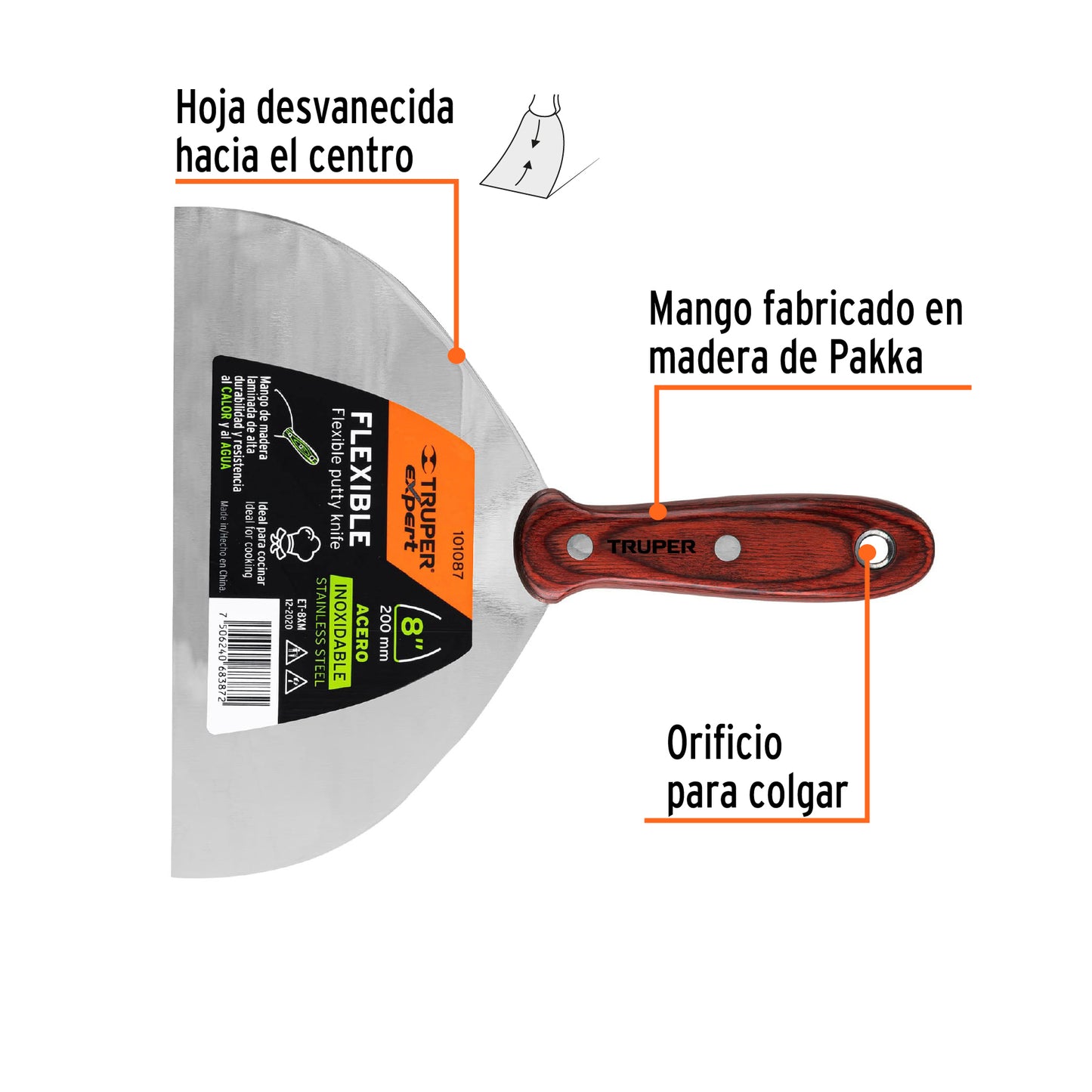 Espátula 8', acero inoxidable, mango madera, Truper Expert