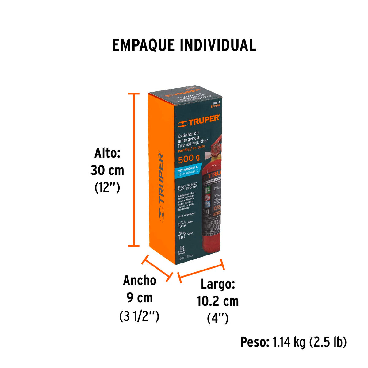 Extintor recargable portátil 0.5 kg, polvo tipo ABC