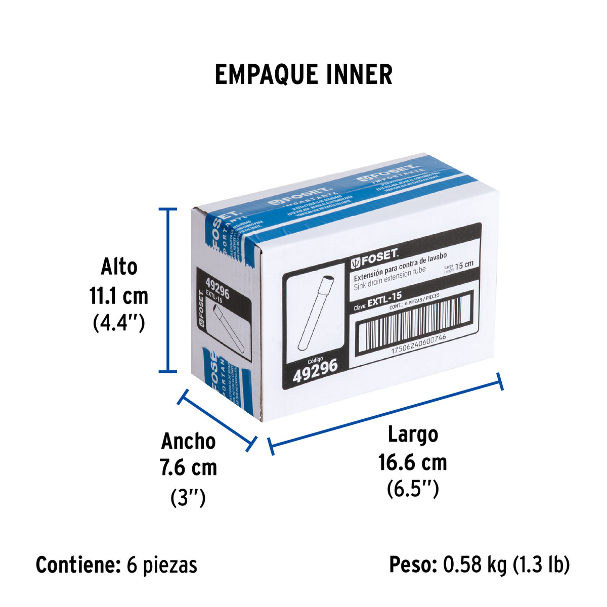 Extensión para contra de lavabo, 15 cm, cromo, 1-1/4"