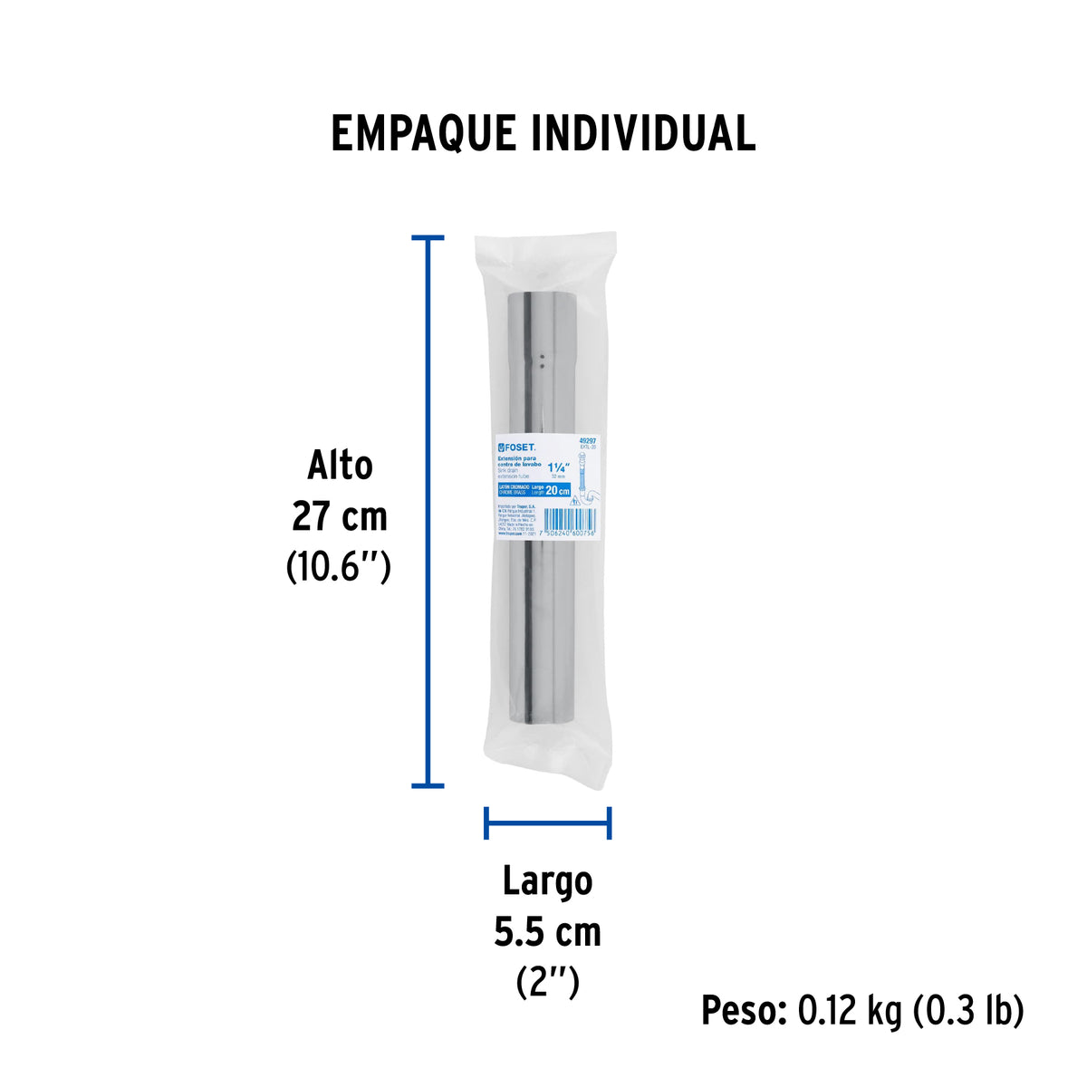 Extensión para contra de lavabo, 20 cm, cromo, 1-1/4"