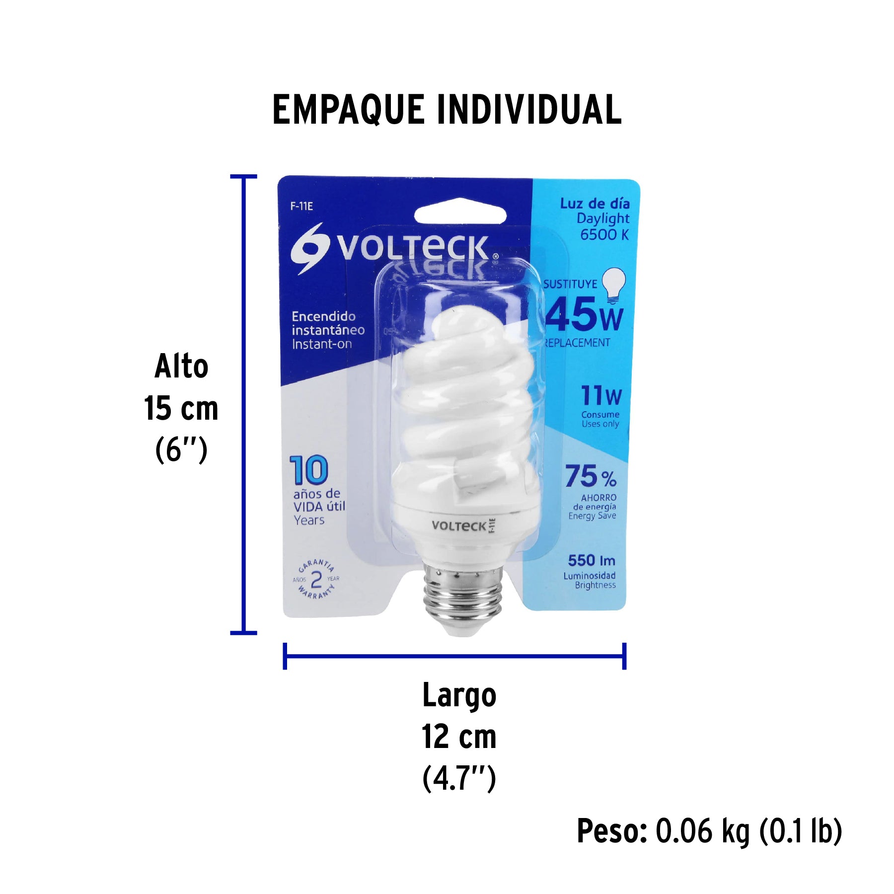 Lámpara 11 W, espiral, luz día, T3, en blister, Volteck