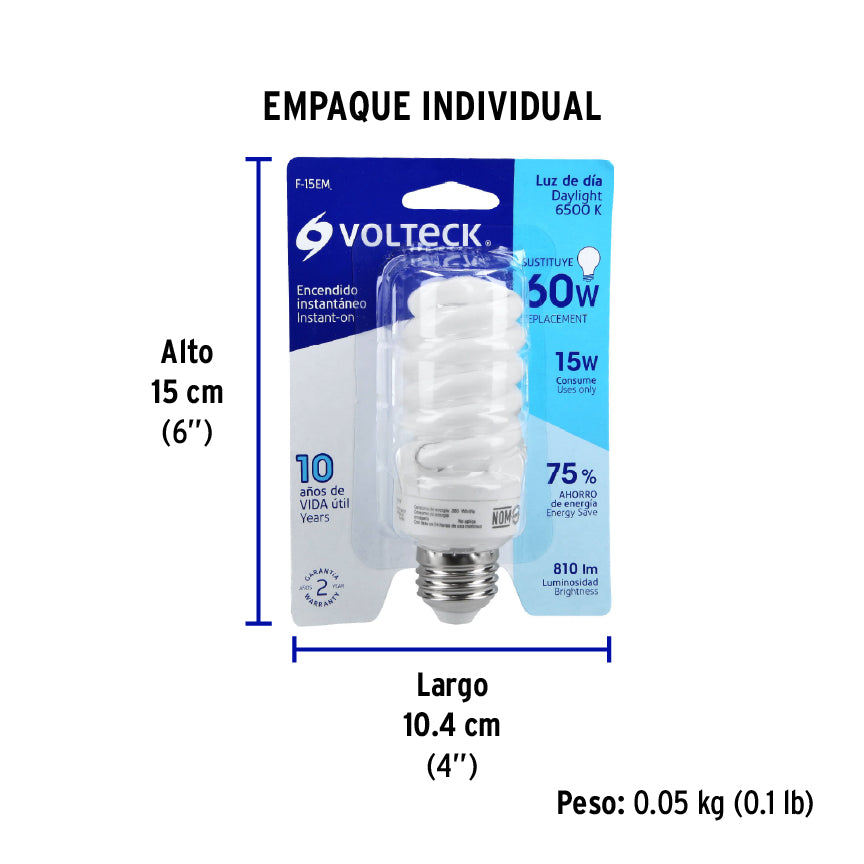 Lámpara 15 W, espiral mini, luz día, T2, en blister, Volteck