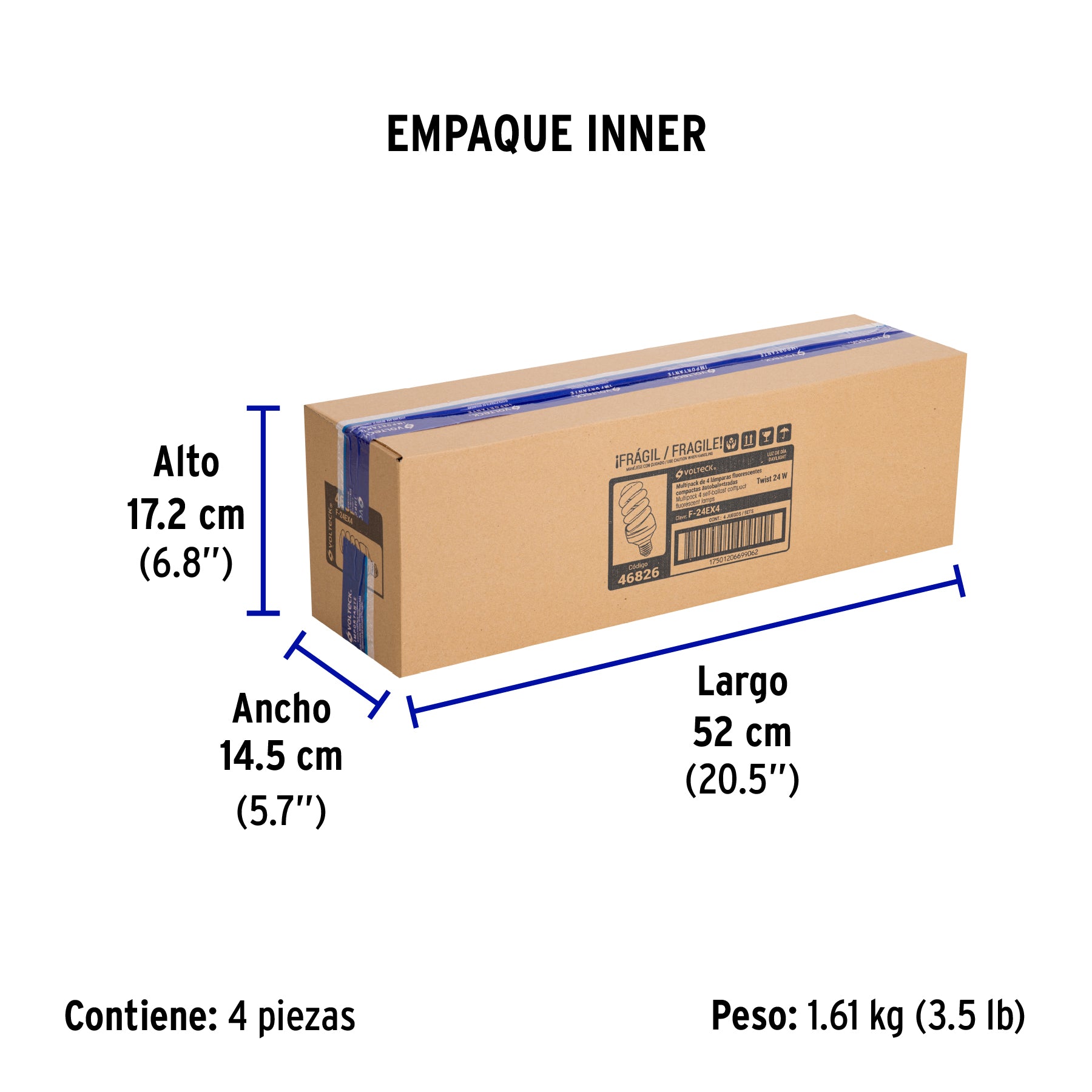 Lámpara 24 W, espiral, luz día, T4, en caja 4 piezas,Volteck