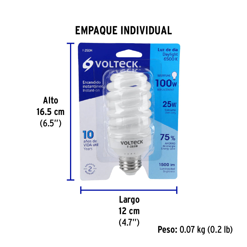 Lámpara 25 W, espiral mini, luz día, T2, en blister, Volteck