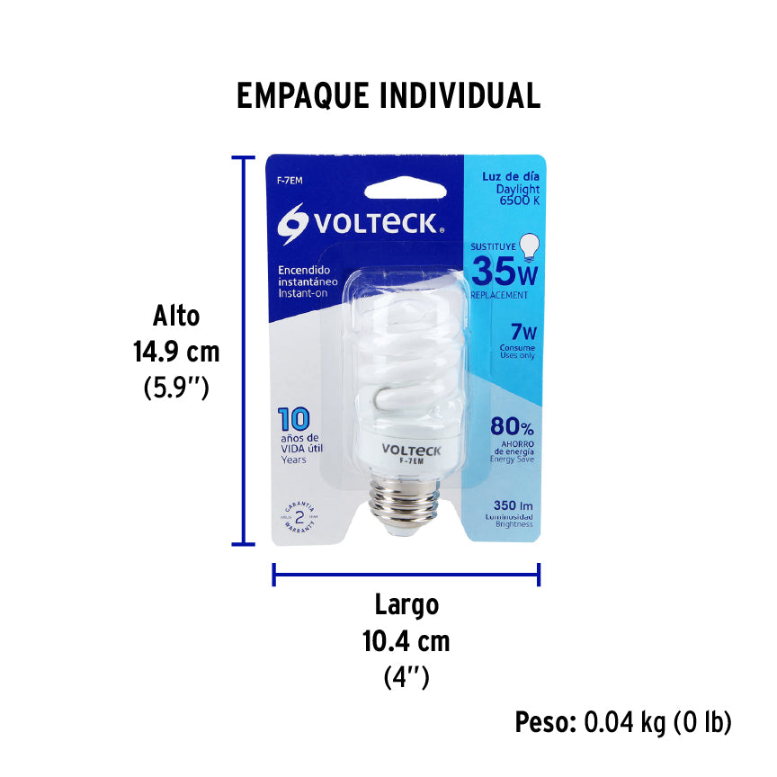 Lámpara 7 W, espiral mini, luz día, T2, en blister, Volteck