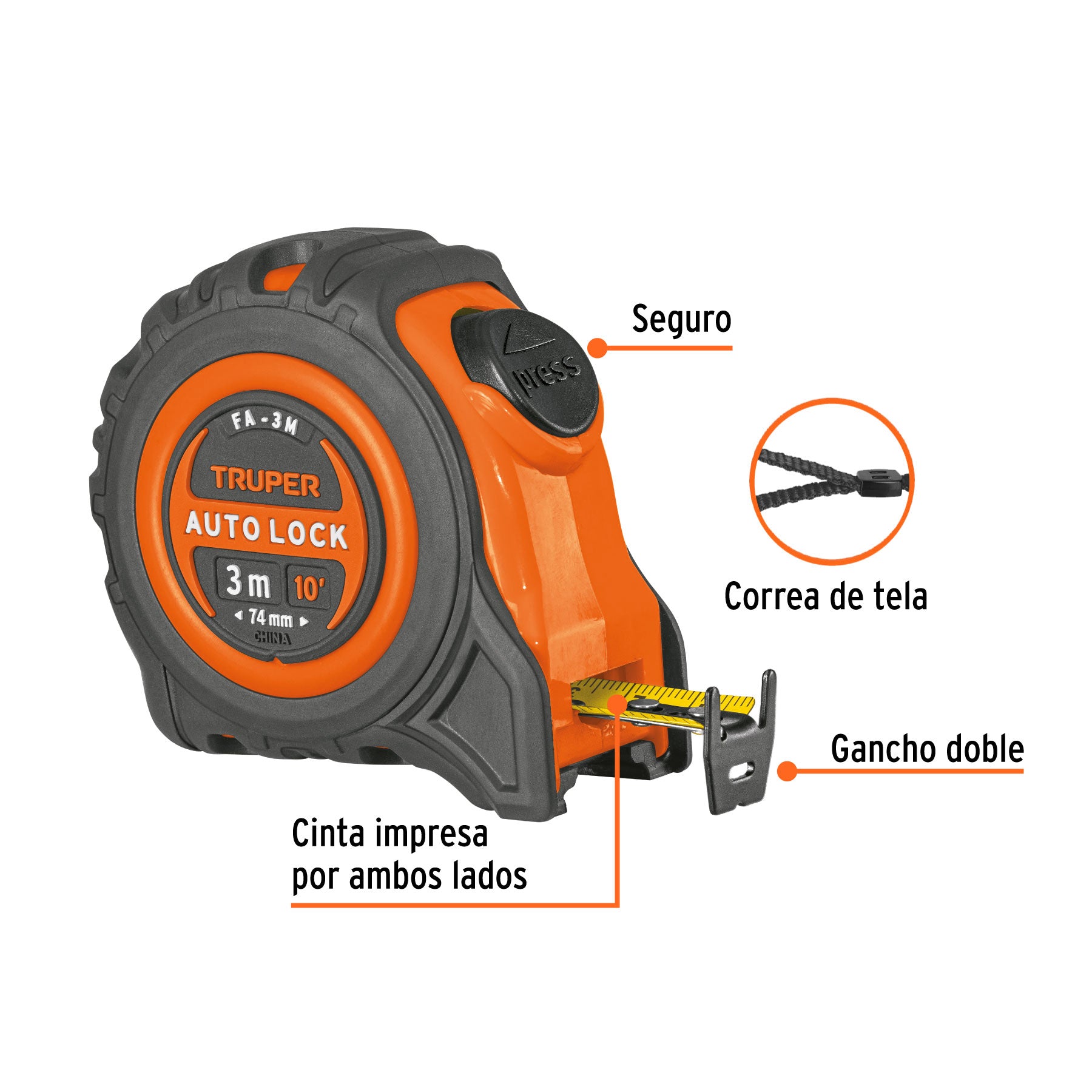Flexómetro Auto Lock, 3 m, cinta 16 mm