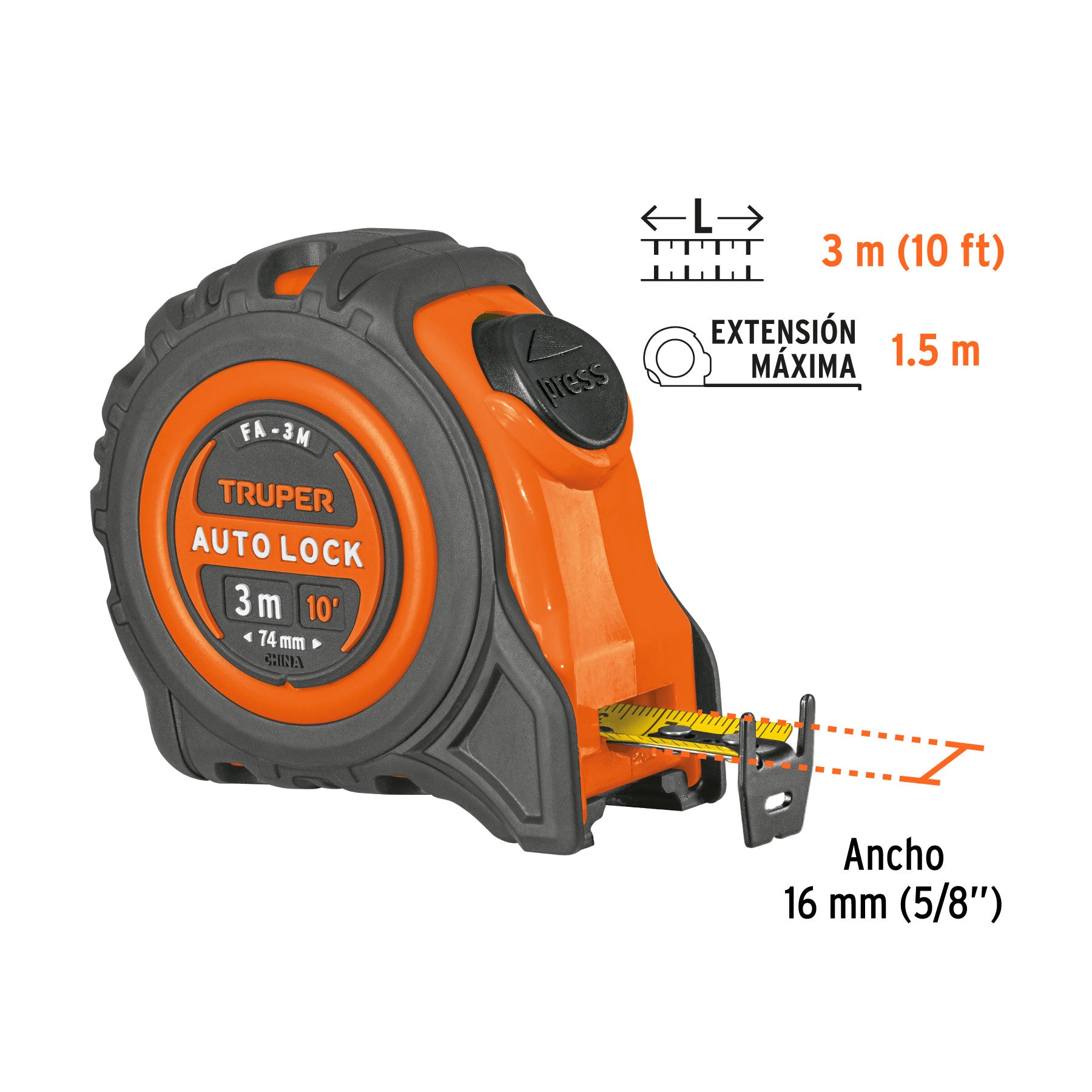 Flexómetro Auto Lock, 3 m, cinta 16 mm