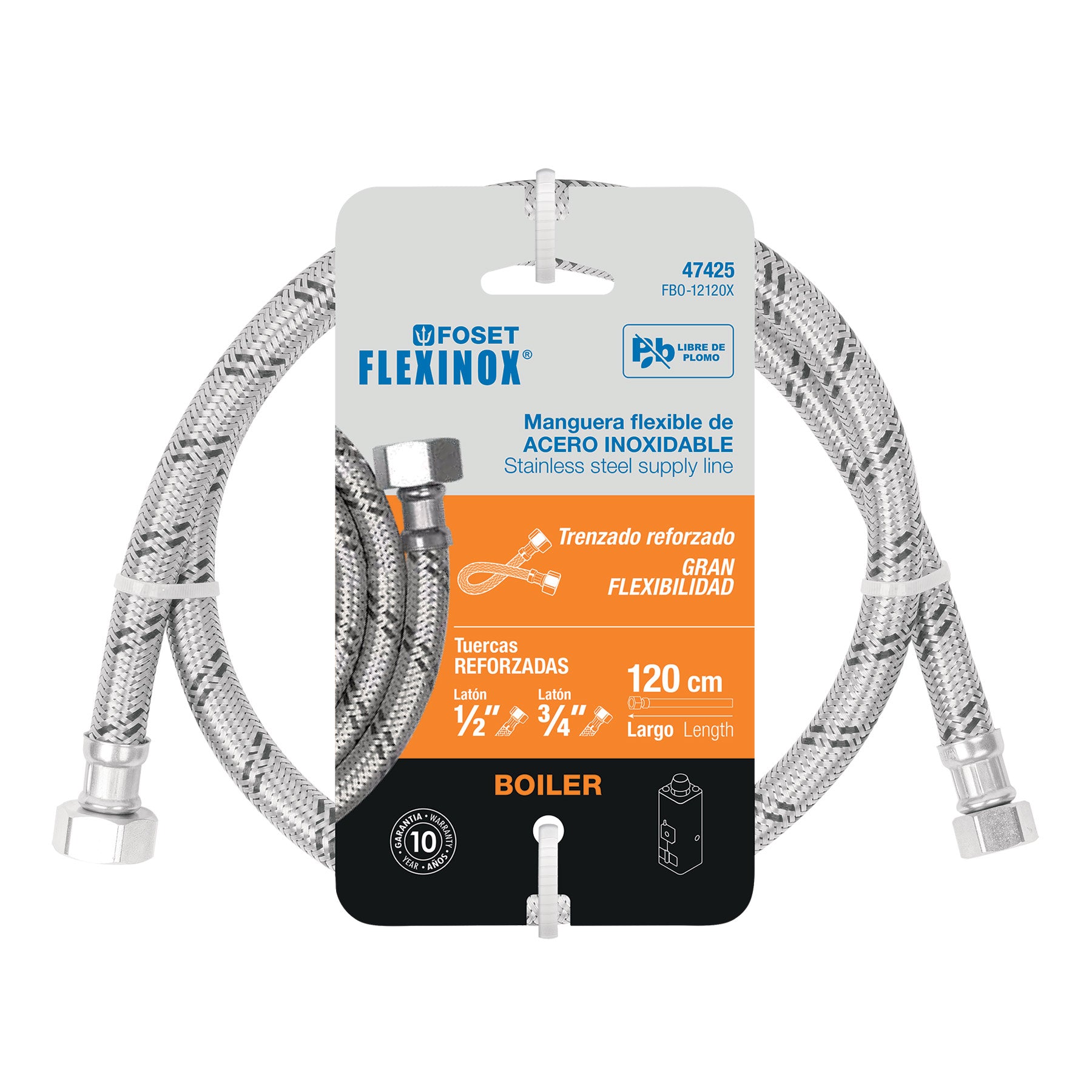 Manguera para boiler, acero inox, 1/2'x3/4', 120 cm, Foset