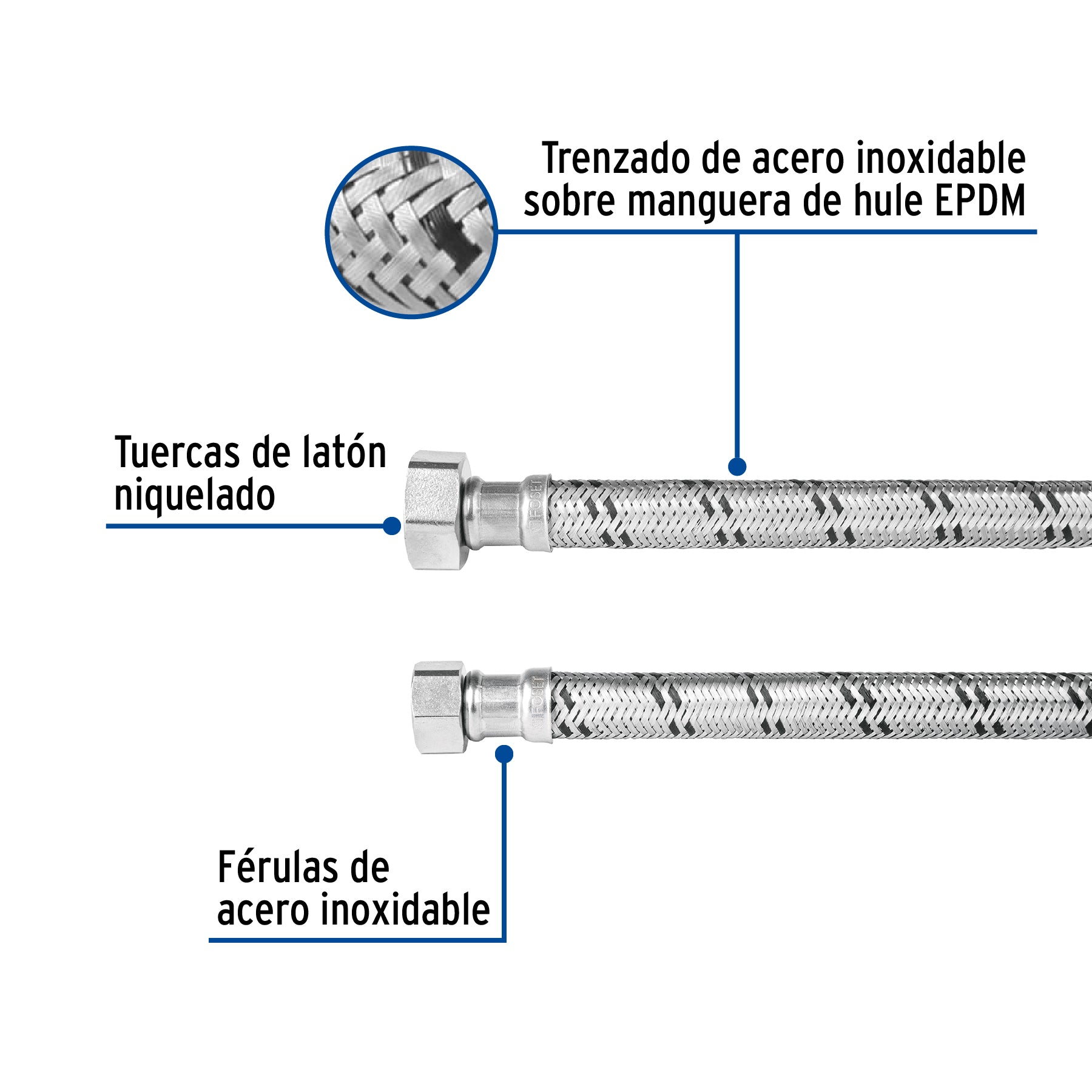 Manguera para boiler, acero inox, 1/2'x3/4', 120 cm, Foset