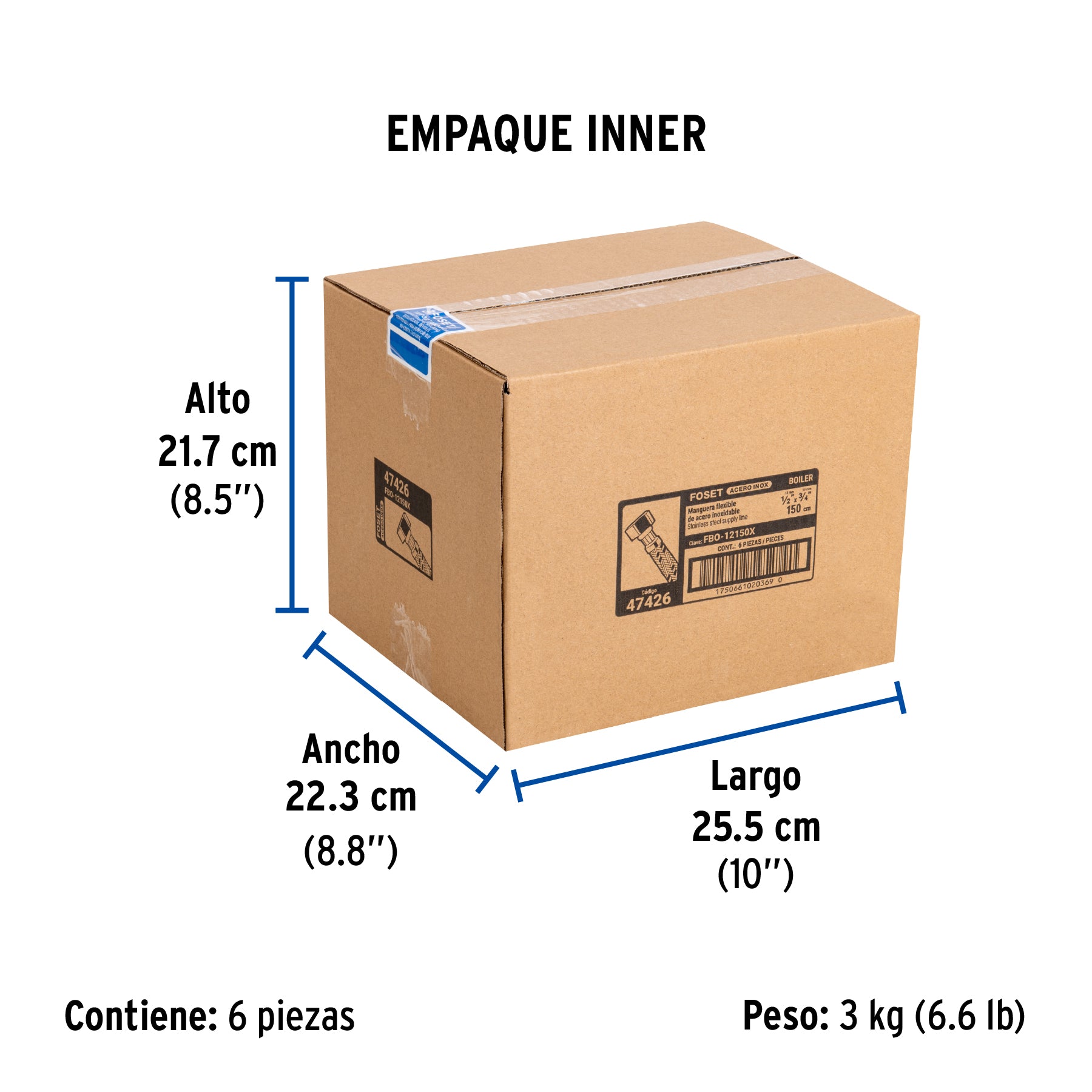 Manguera para boiler, acero inox, 1/2'x3/4', 150 cm, Foset