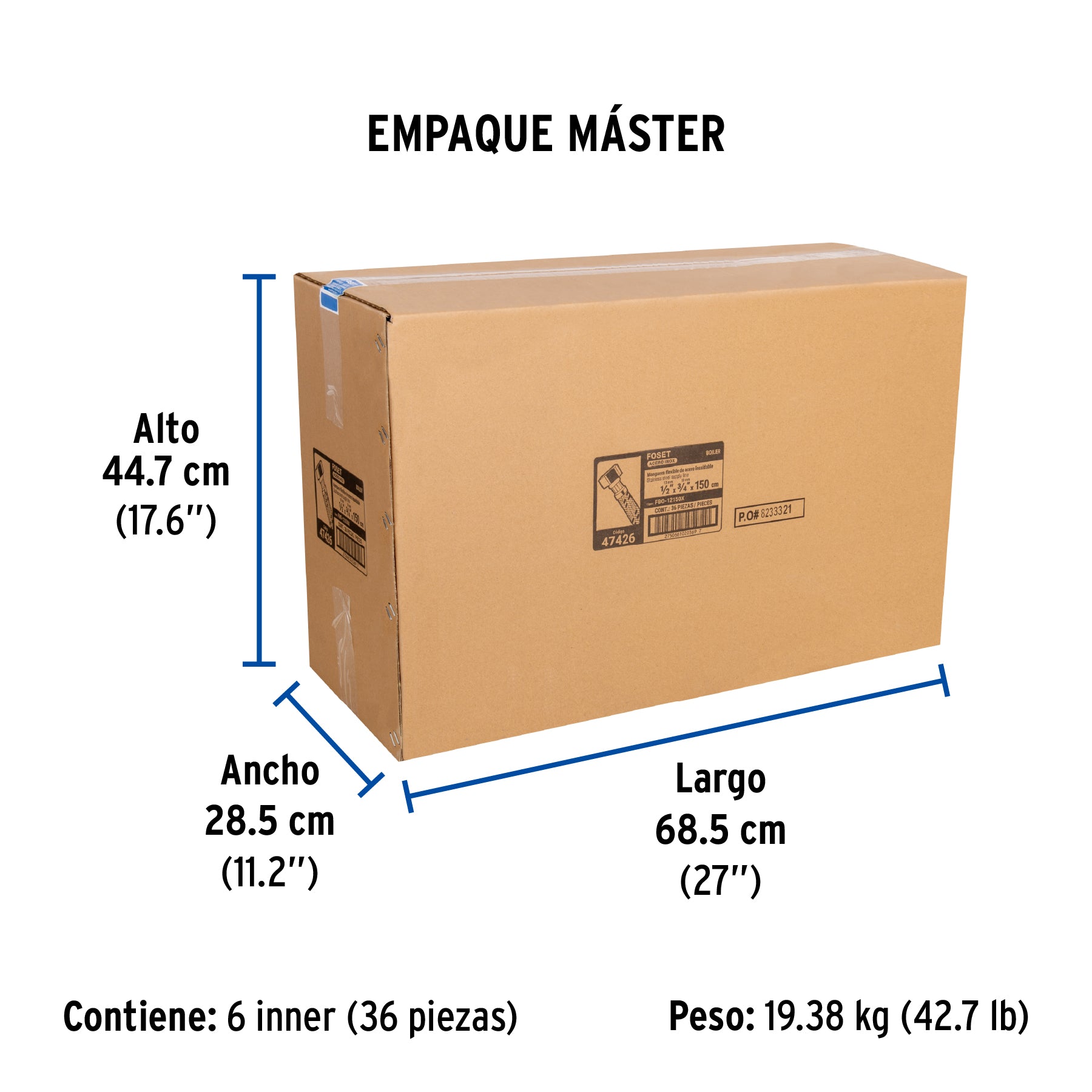 Manguera para boiler, acero inox, 1/2'x3/4', 150 cm, Foset
