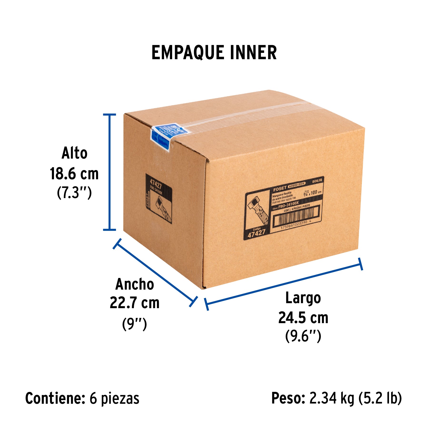 Manguera para boiler, acero inox, 3/4'x3/4', 100 cm, Foset