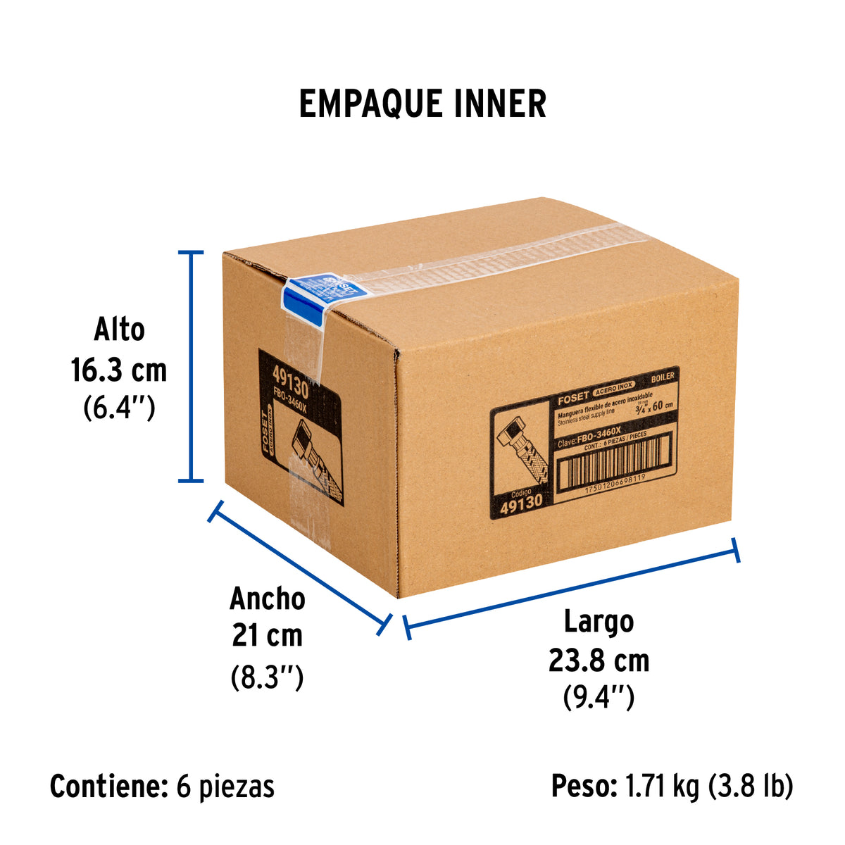 Manguera de hule, 3/4x3/4", 60cm, acero, usos generales