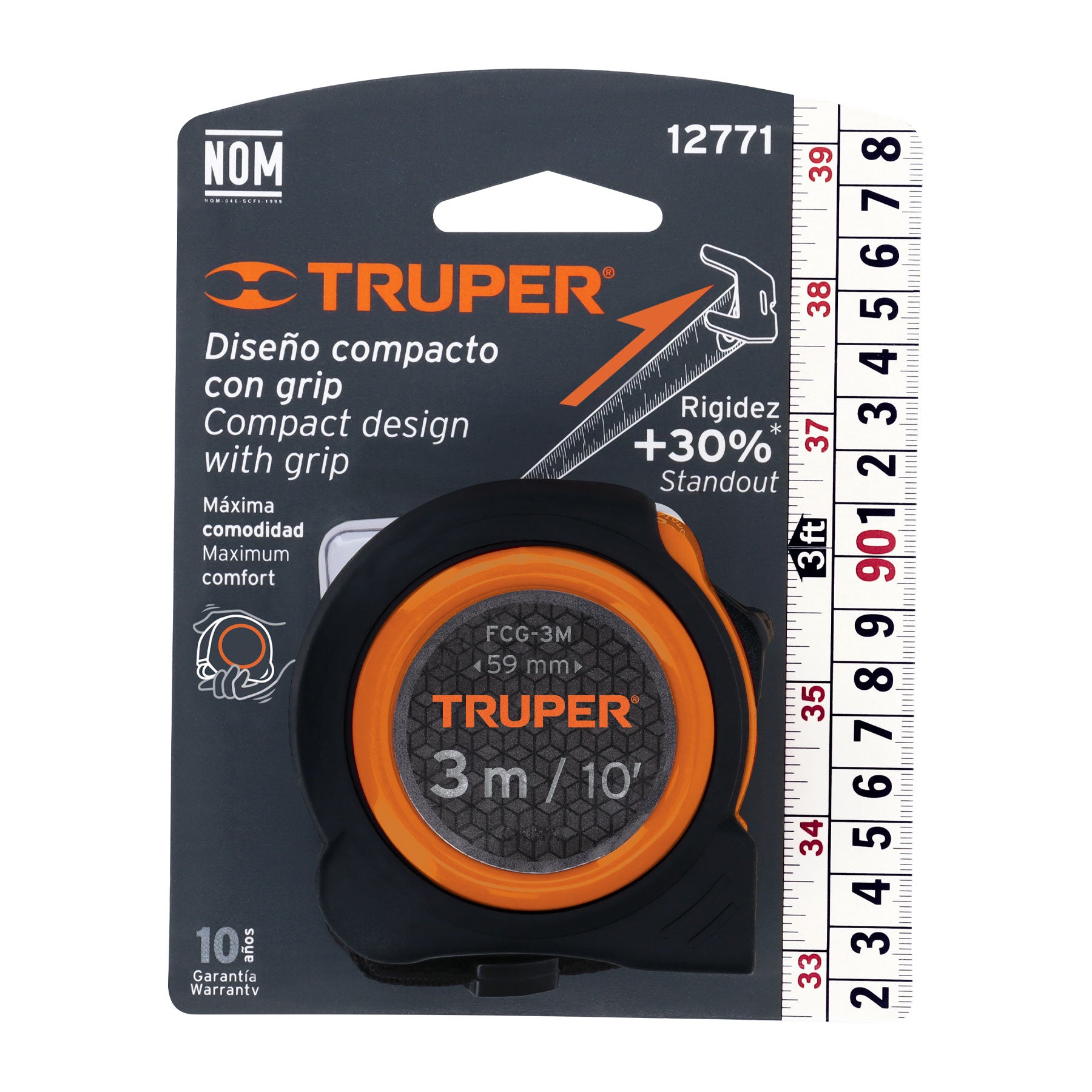 Flexómetro compacto con grip, 3 m, cinta 16 mm