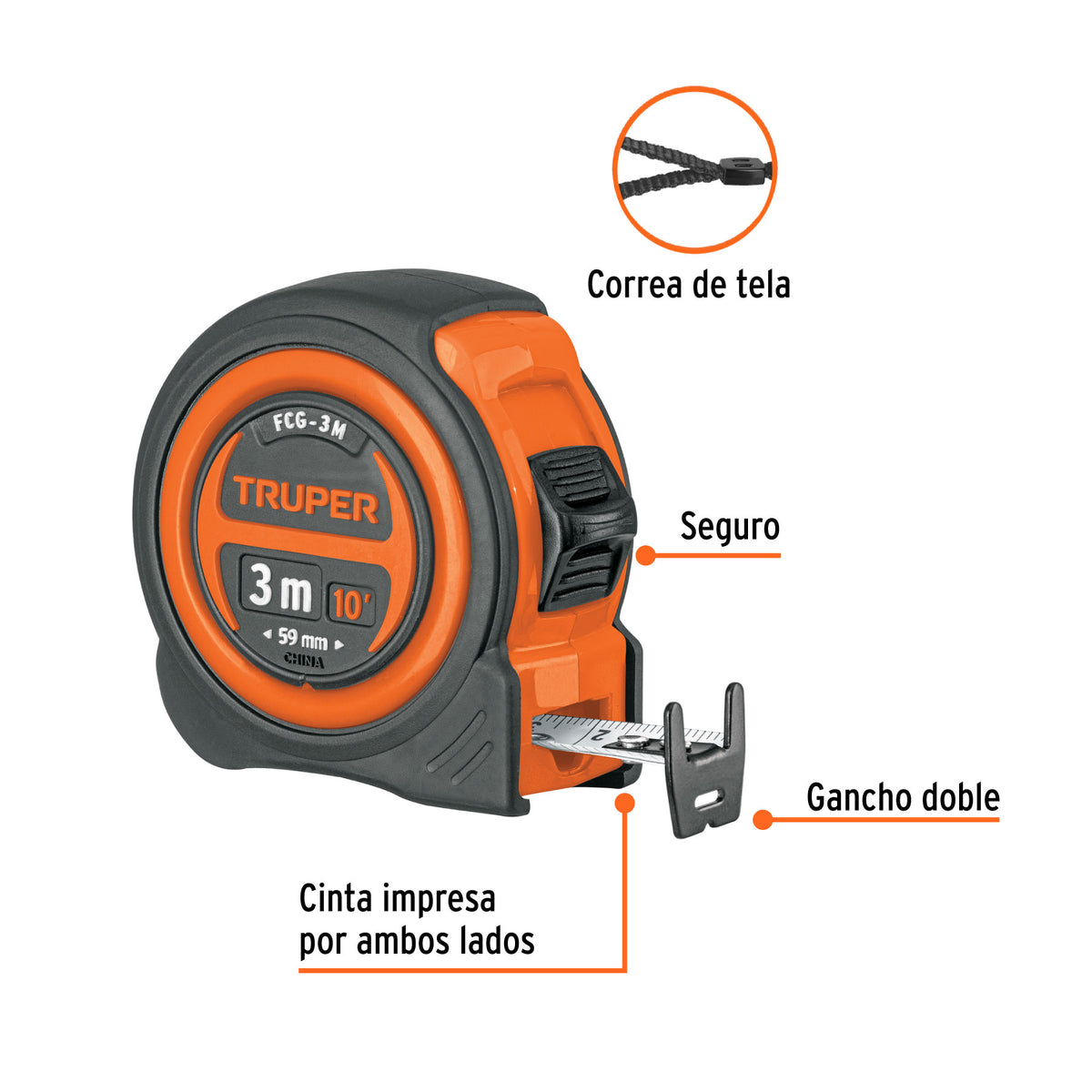 Flexómetro compacto con grip, 3 m, cinta 16 mm