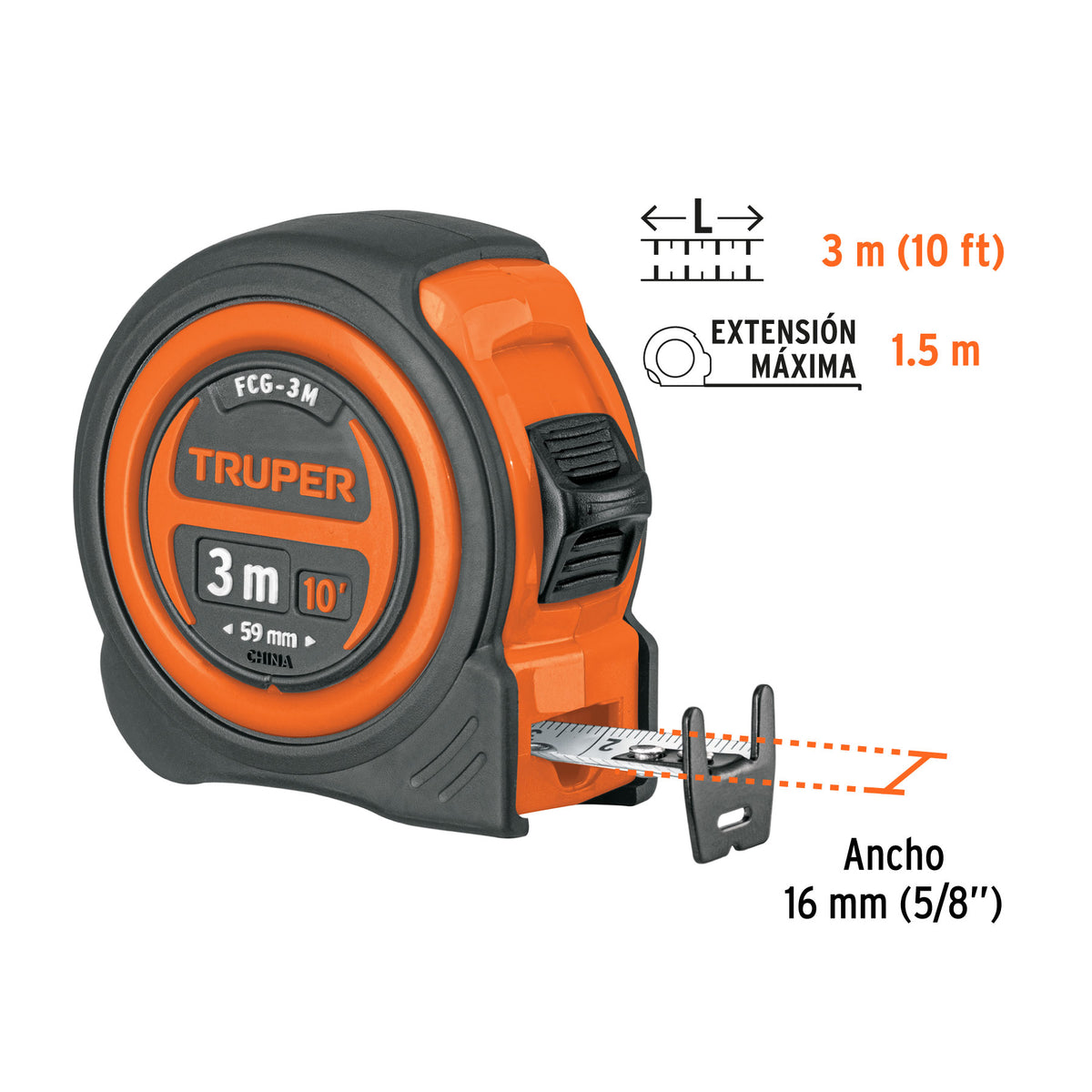 Flexómetro compacto con grip, 3 m, cinta 16 mm